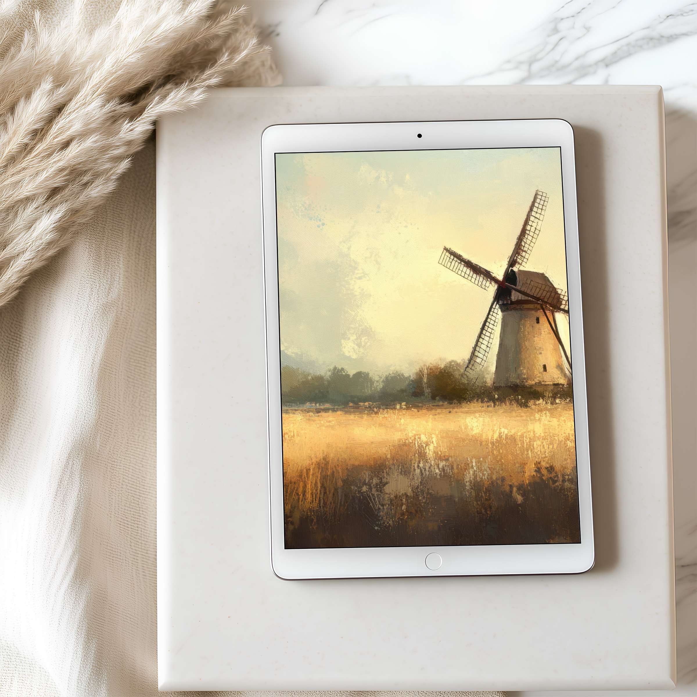 Elegant tablet wallpaper showcasing a serene windmill scene with warm, muted tones perfect for iPad high resolution digital download
