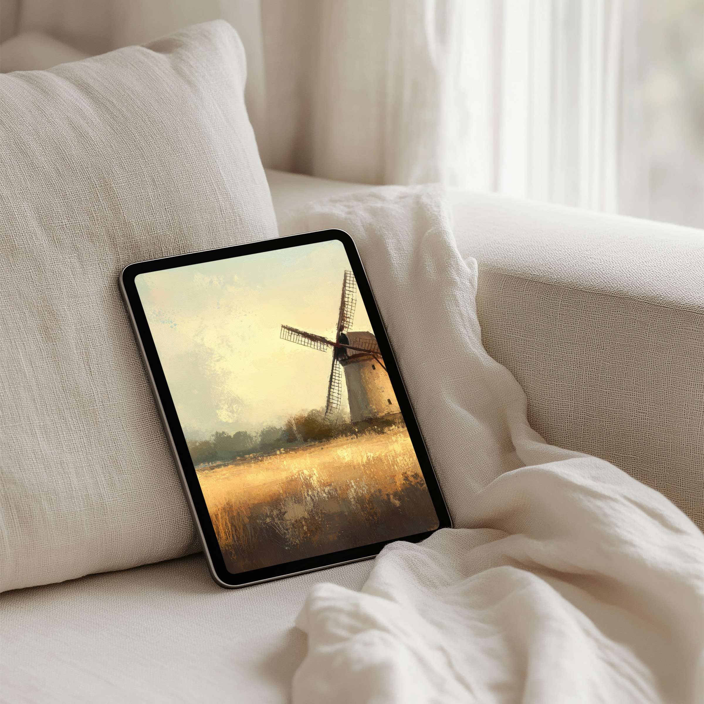 Serene windmill painting iPad background provides instant download for tablets, offering calm inspiration and elegant aesthetics at home