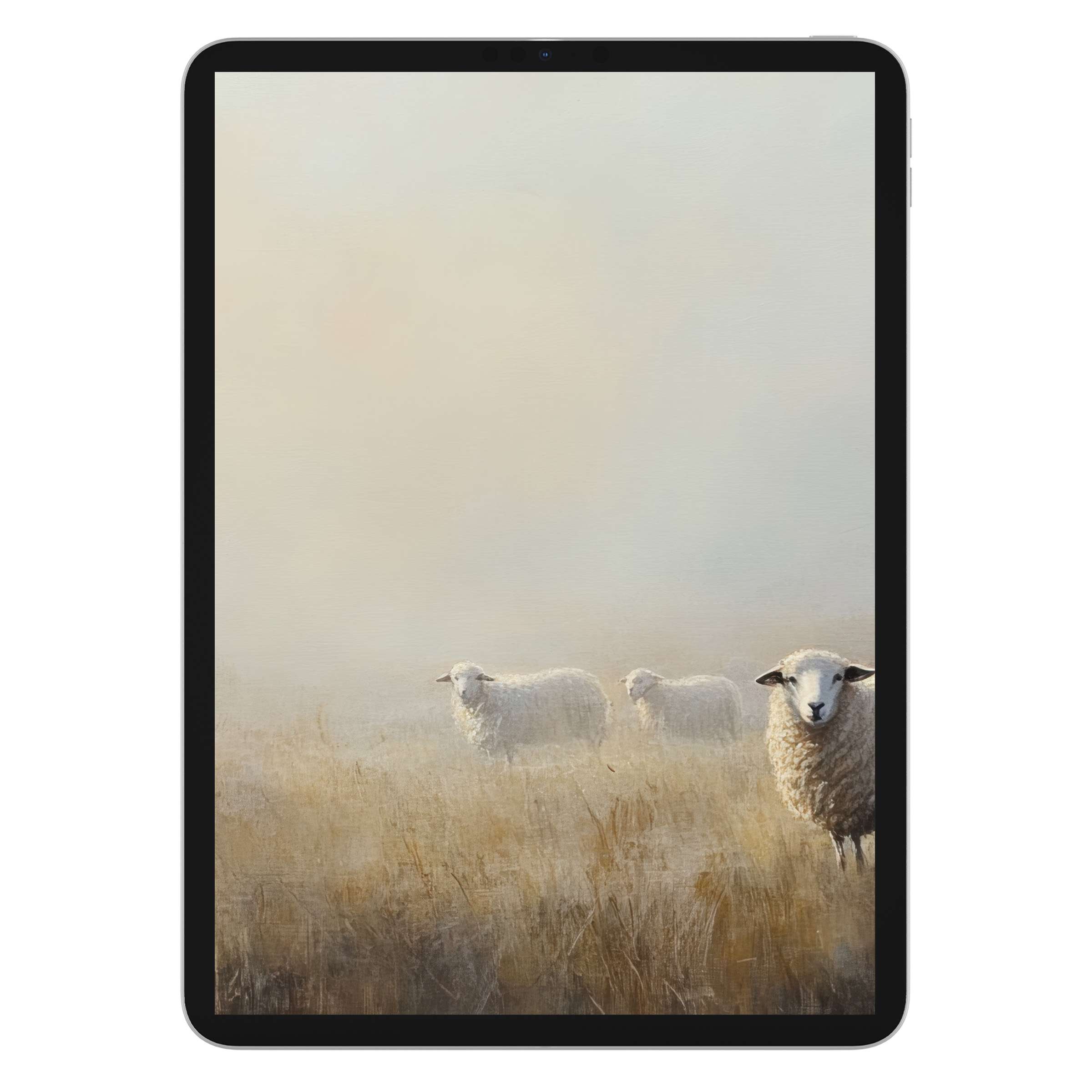 Farmhouse iPad wallpaper featuring serene sheep in misty fields for tablet background digital download inspiring calm elegance