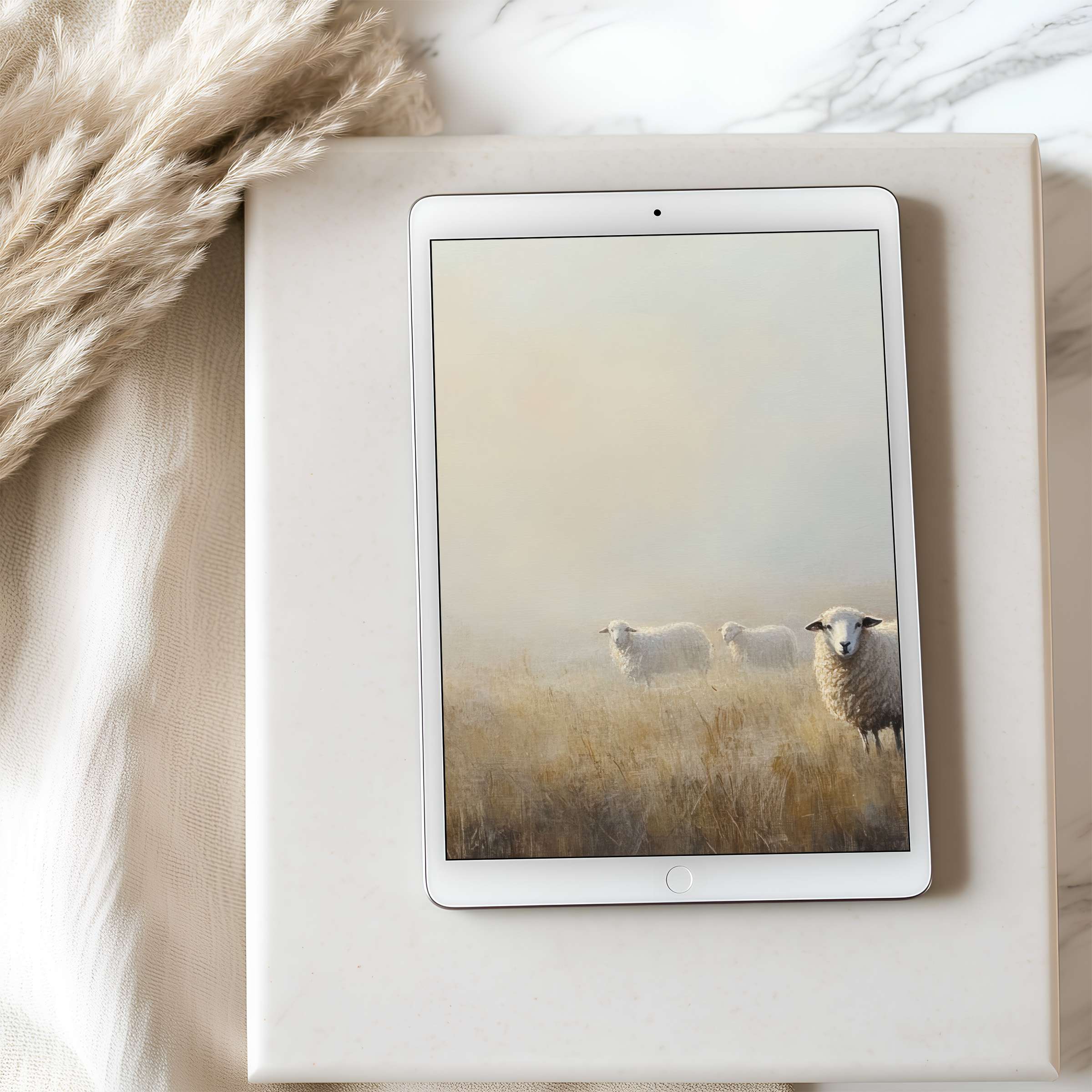 Elegant sheep art tablet wallpaper in soft earth tones enhances interior serenity suitable for high resolution digital downloads