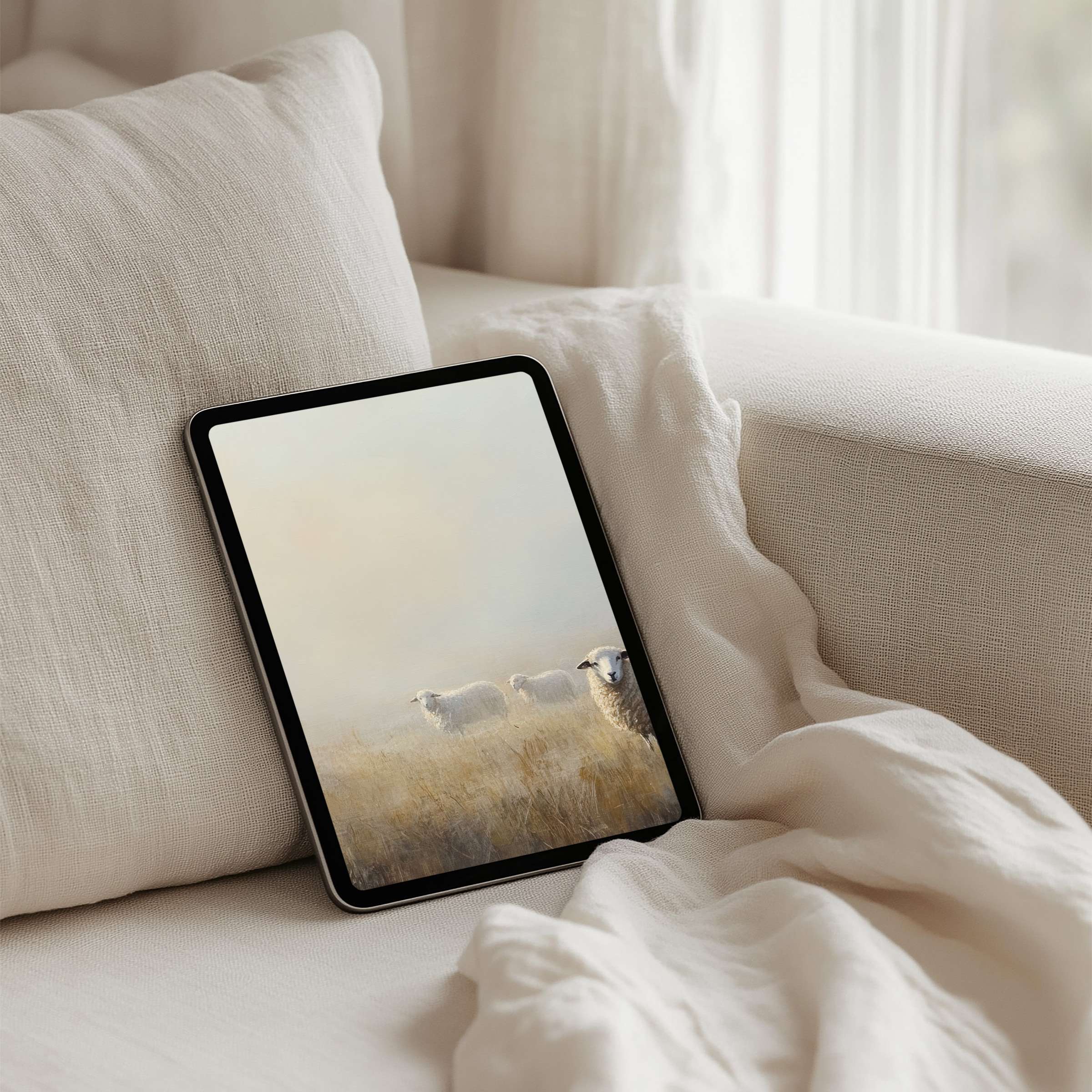 Elegant iPad background featuring serene sheep in misty fields offers instant download for tablet users seeking calm inspiration