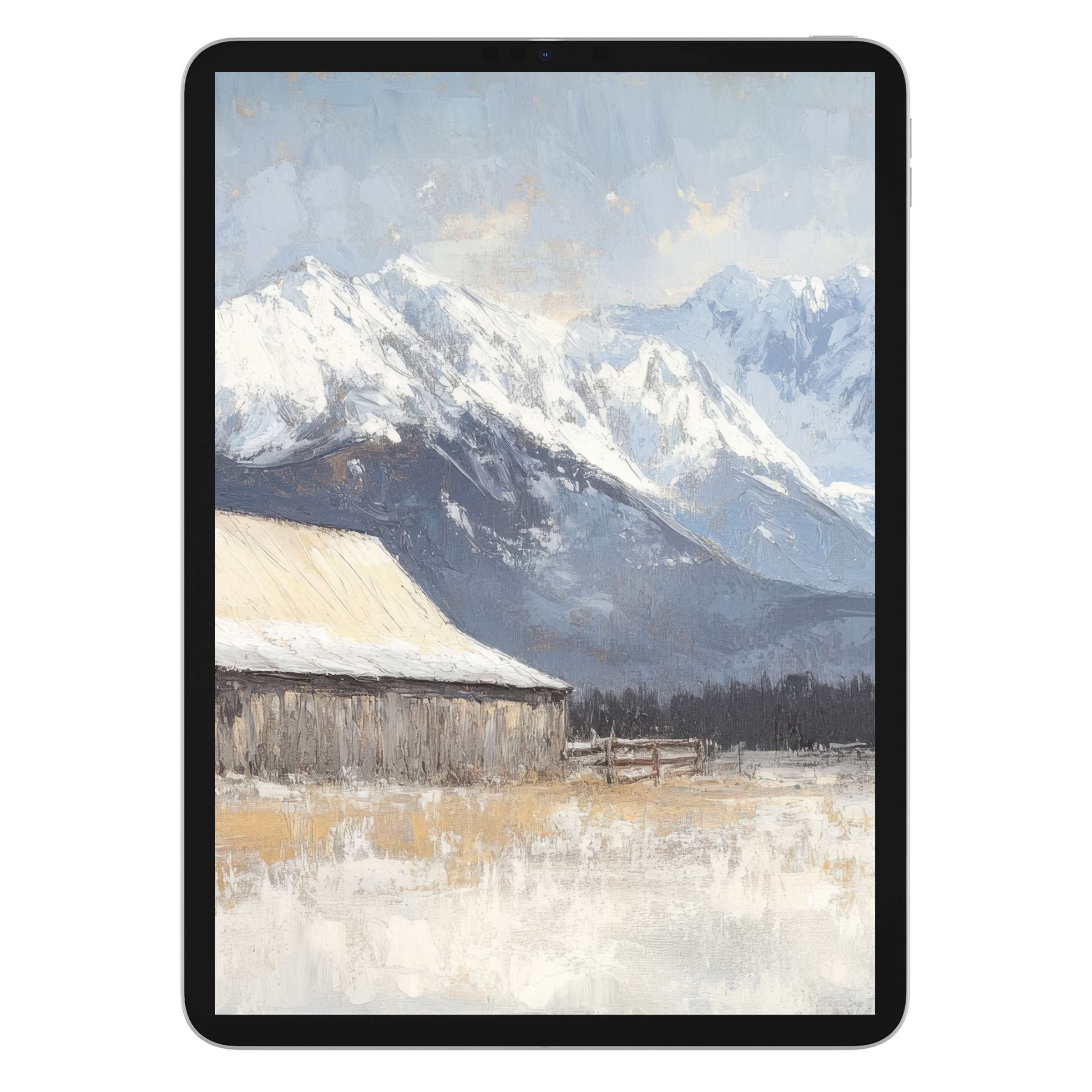 Farmhouse iPad wallpaper as a tranquil digital download featuring serene snowy mountains perfect for a tablet background and Android use