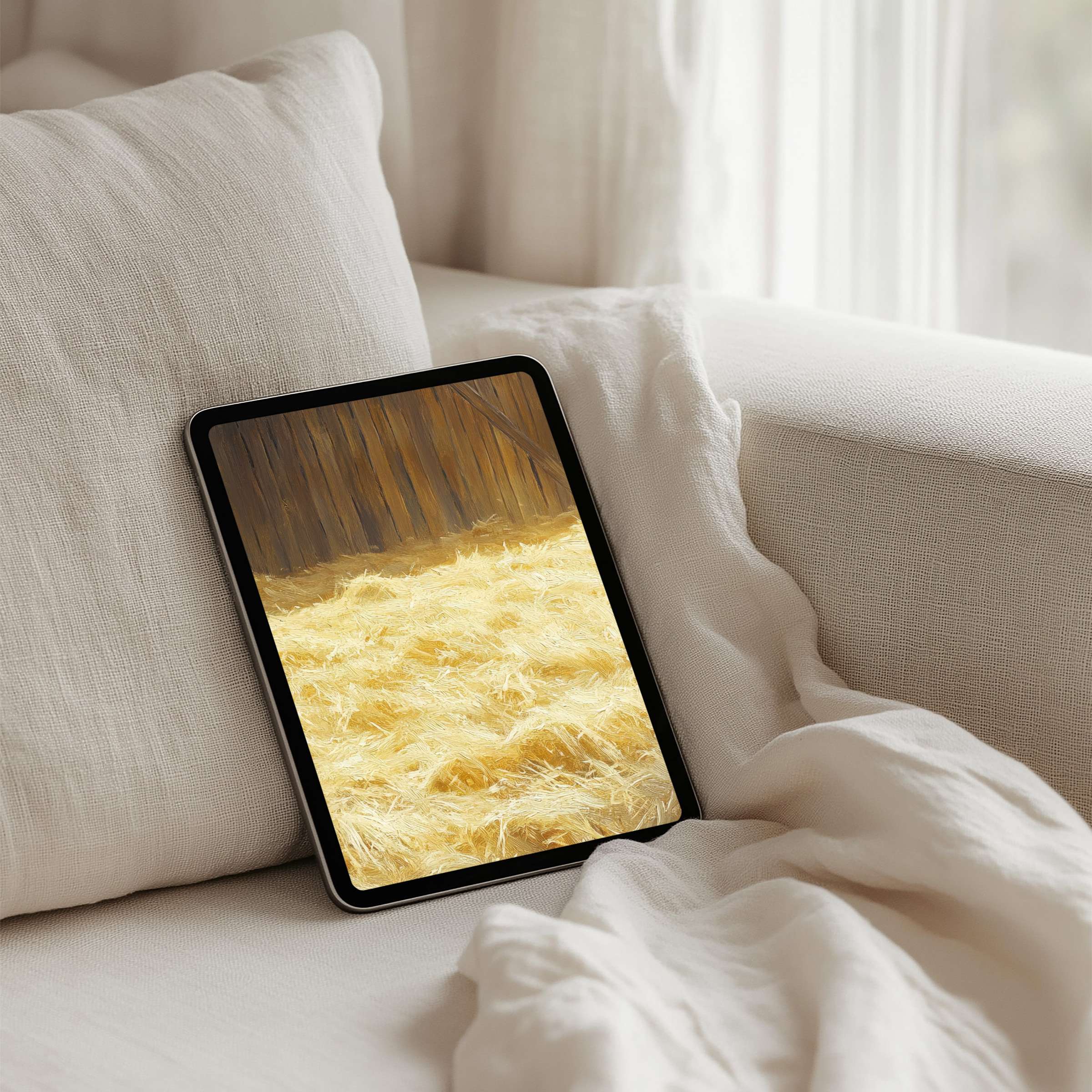 Elegant straw field painting for iPad background offers instant download for mindfulness on any tablet enhancing serene spaces