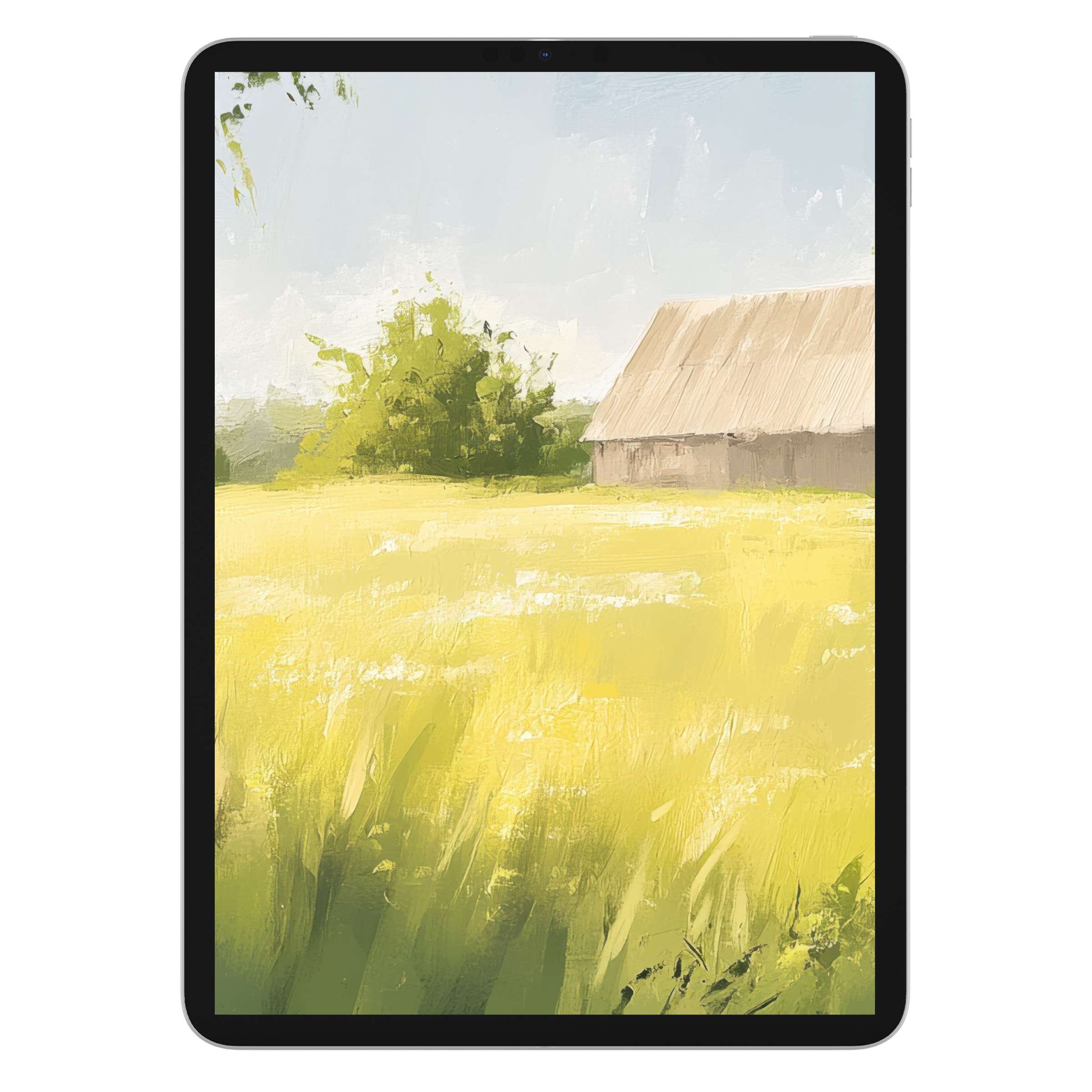 Farmhouse iPad wallpaper with a serene yellow field and rustic barn, perfect for tablet backgrounds in digital download format