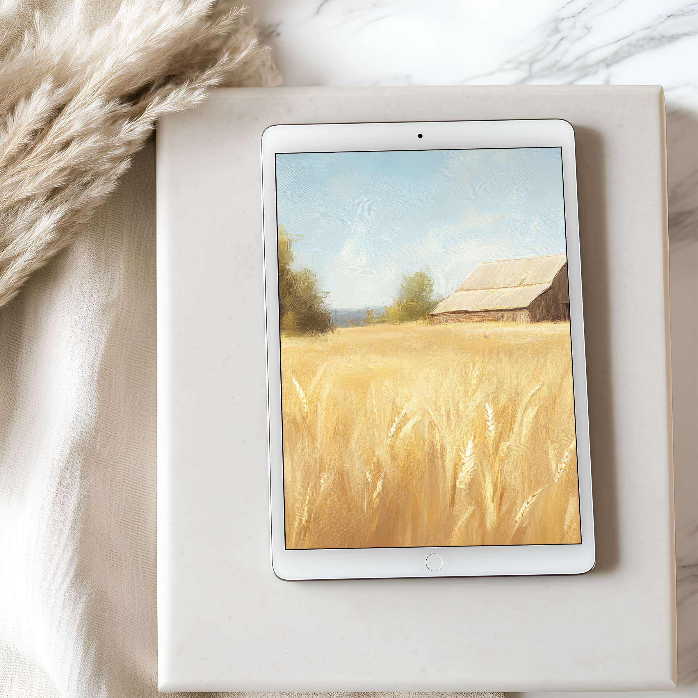 Golden wheat field tablet wallpaper evokes serenity with its elegant brushstrokes, perfect for iPad and Android, high resolution download