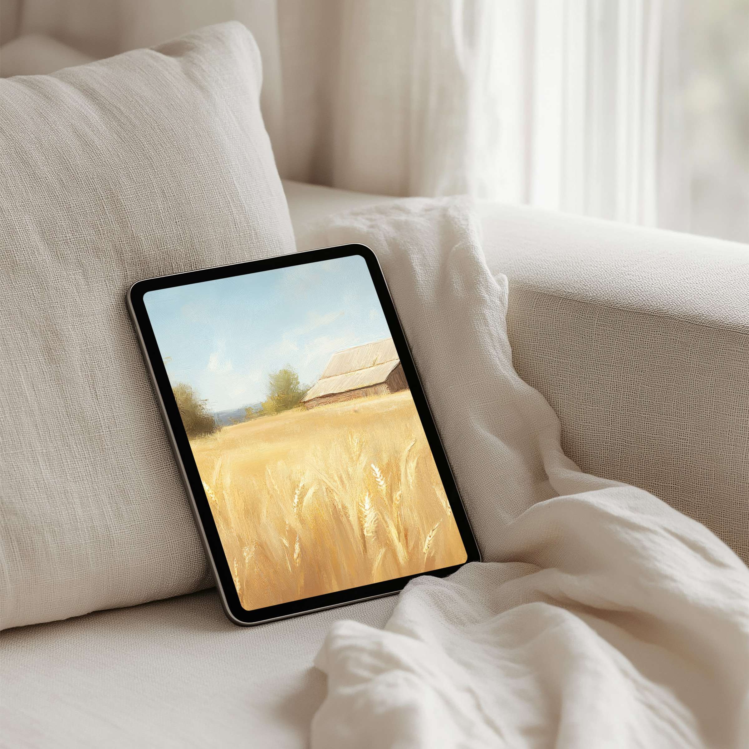 Serene wheat field painting iPad background offers instant download for a tablet, inspiring calm and elegance in any space