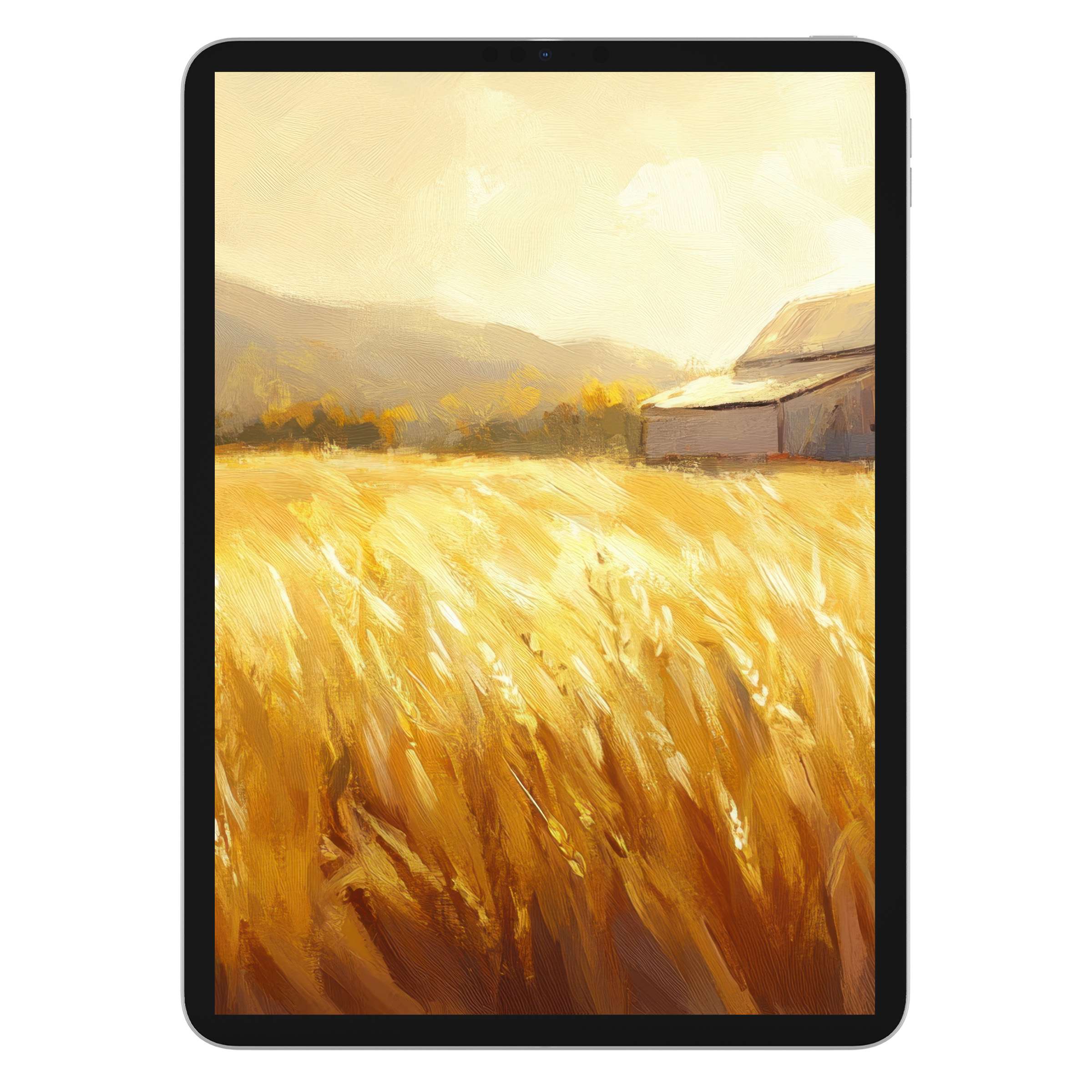 Farmhouse iPad wallpaper digital download featuring golden wheat fields and rustic barn, perfect tablet background for serene creativity