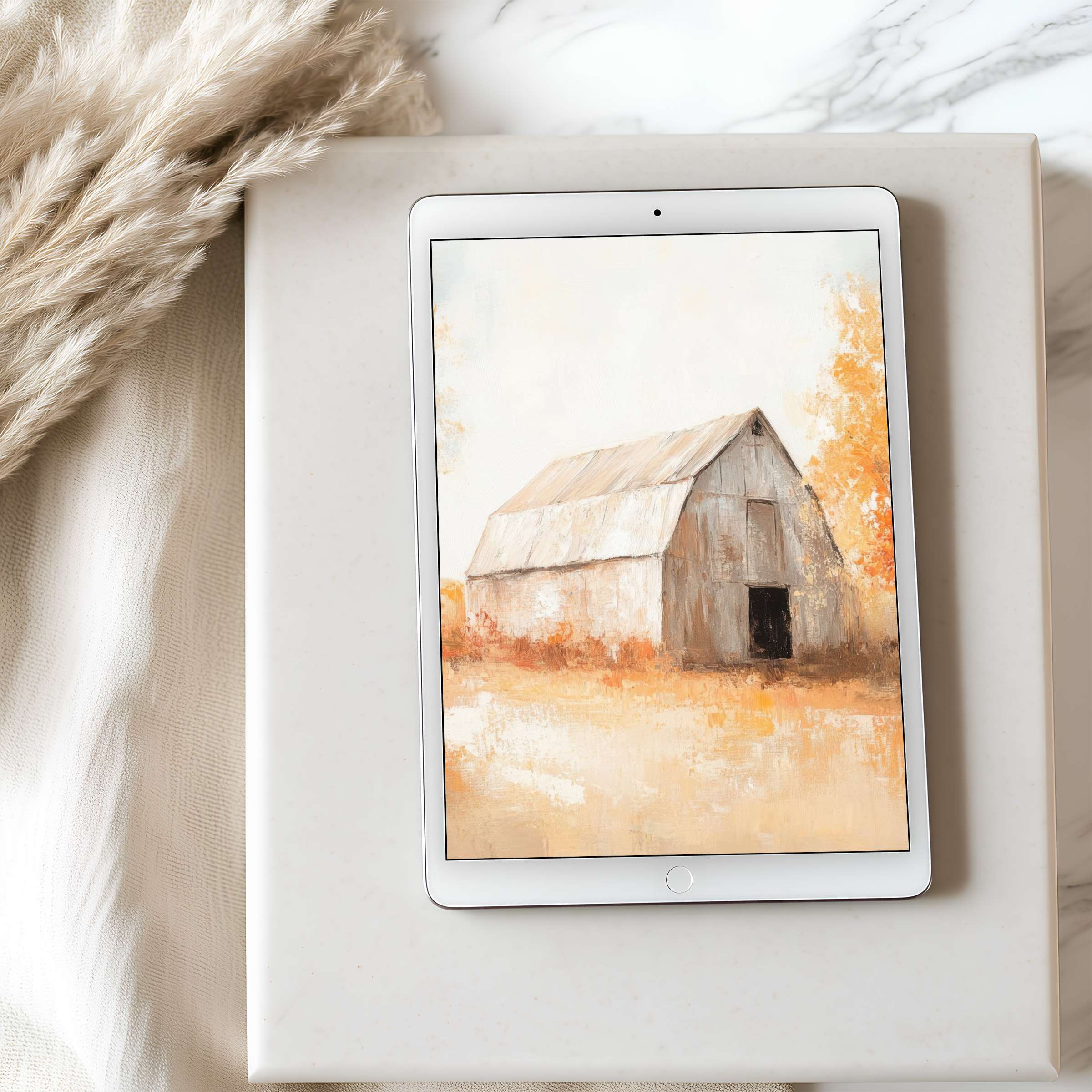 Rustic barn scene tablet wallpaper captures warm autumn hues in high resolution, perfect for iPad and Android tablet screens, ideal for instant digital download