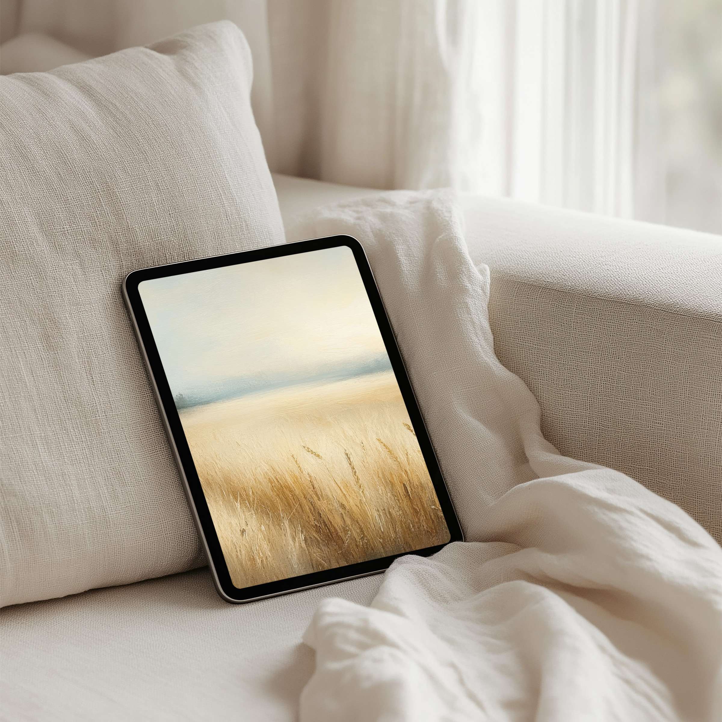 Elegant iPad background featuring serene golden fields on tablet, perfect for instant download to inspire calm and mindfulness