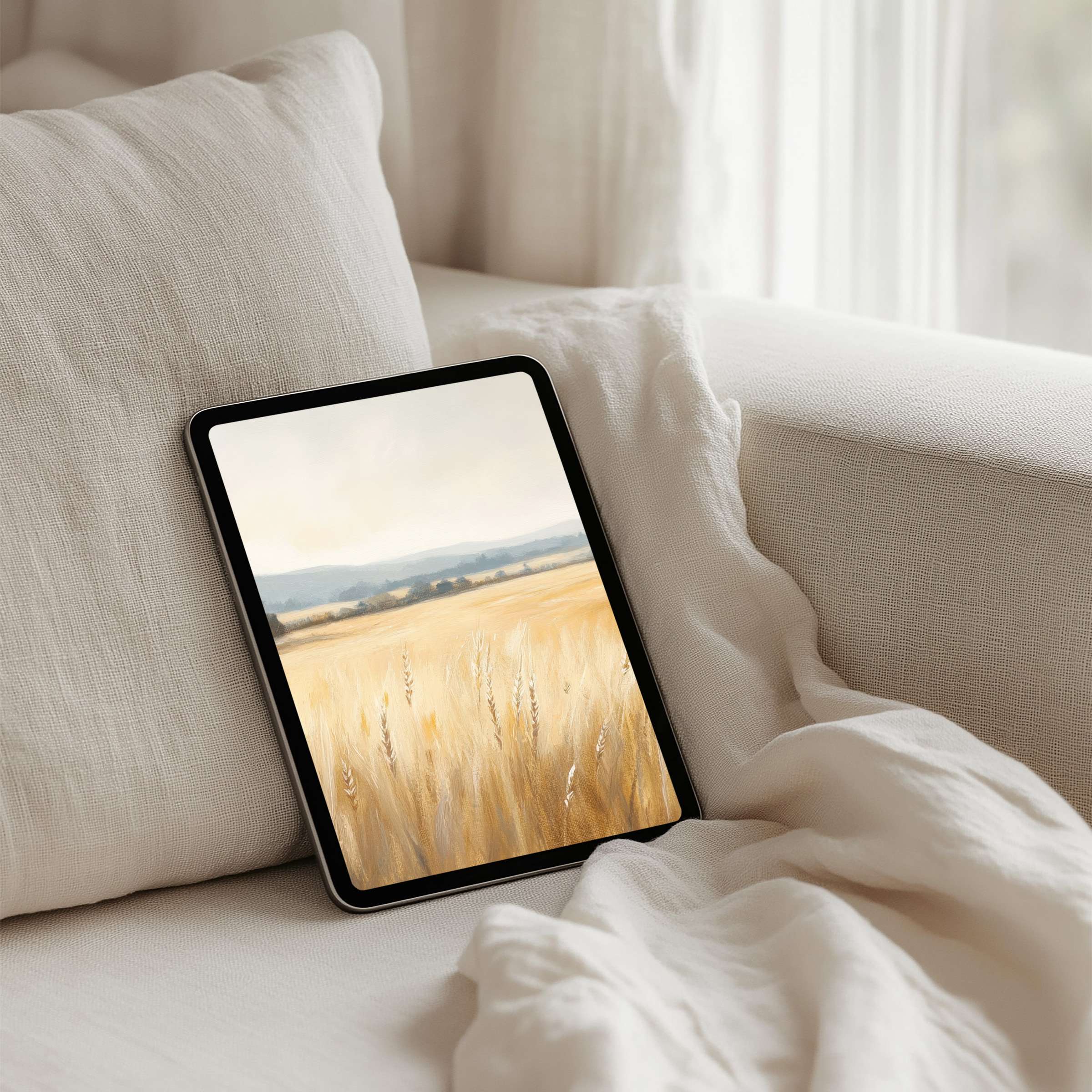 Elegant iPad background with serene wheat field art offers instant download for tablets, inspiring calm and mindfulness