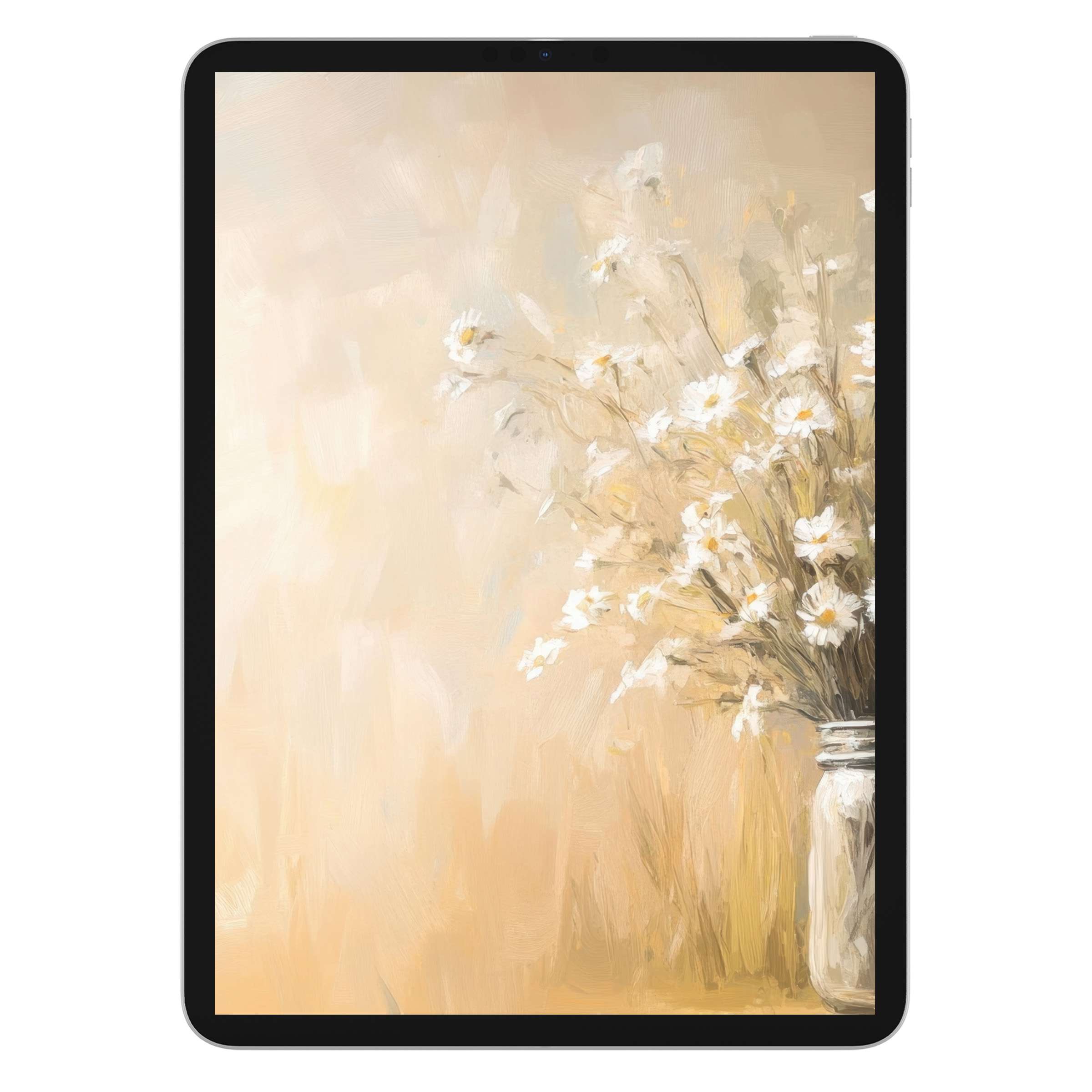 Farmhouse iPad wallpaper featuring soft brushstrokes of wildflowers in a vase, perfect digital download for calm tablet backgrounds