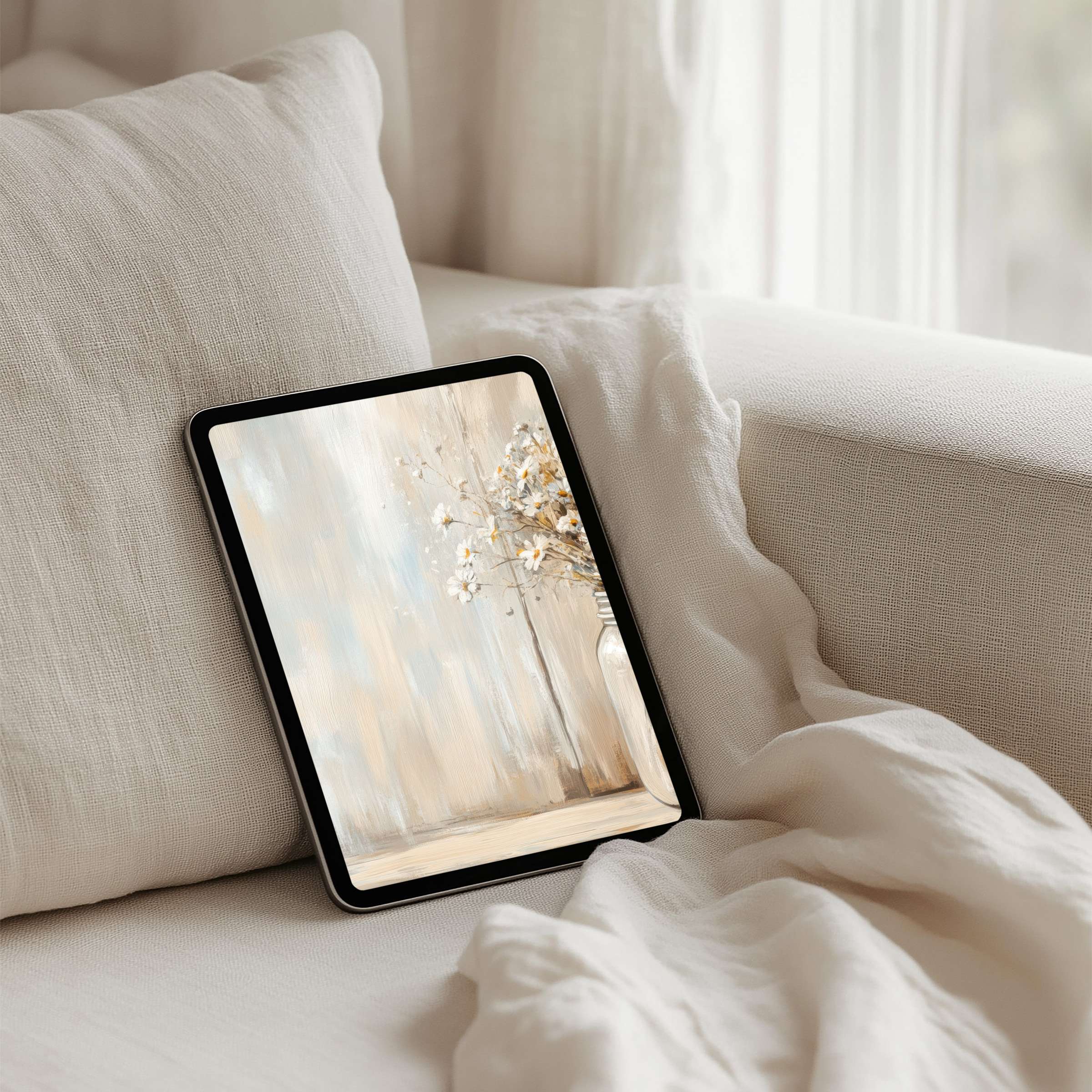 Elegant floral digital art with neutral tones enhances calm and beauty on your iPad background for instant download to any tablet
