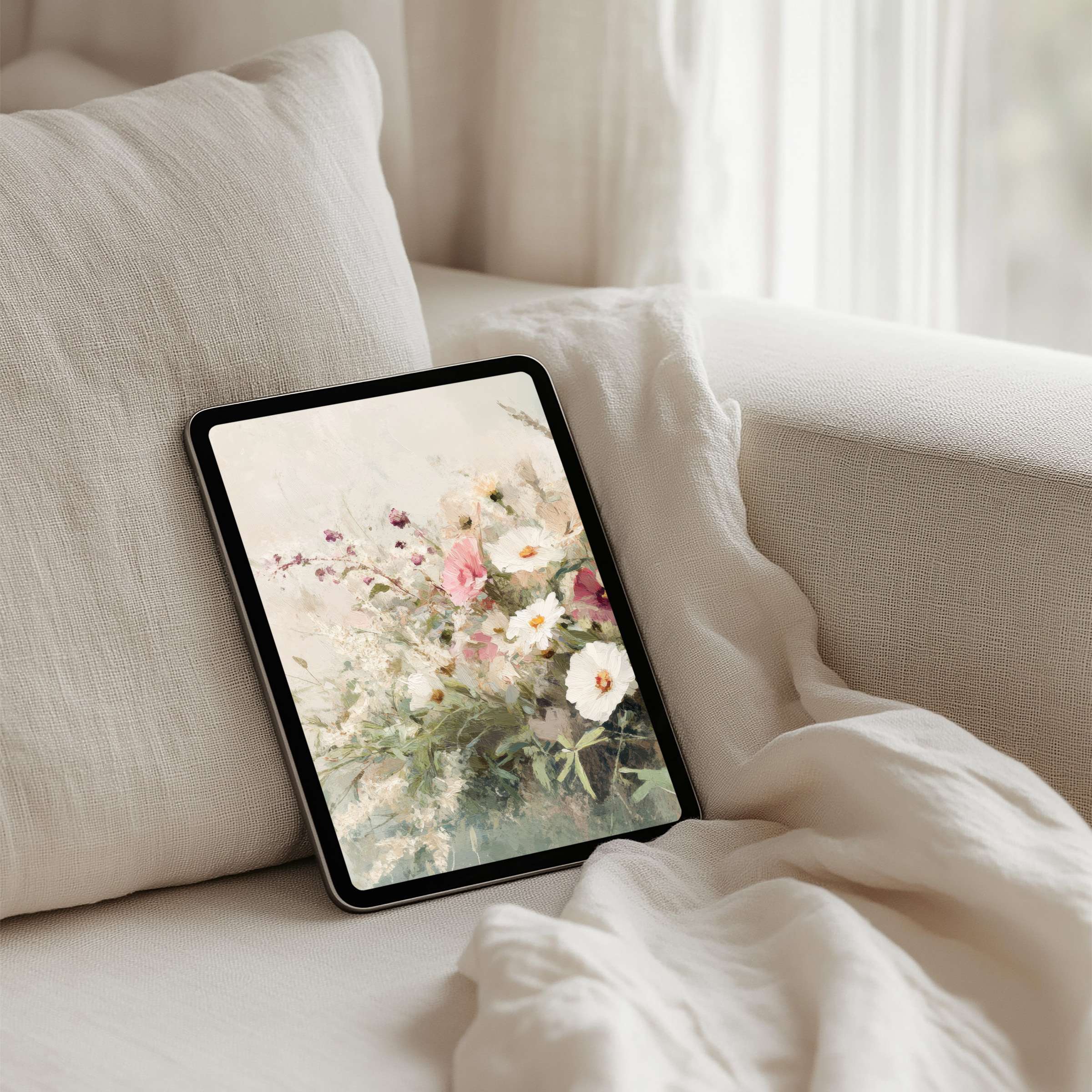 Elegant floral iPad background on a soft beige sofa offers instant download for tablets, inspiring calm and mindfulness