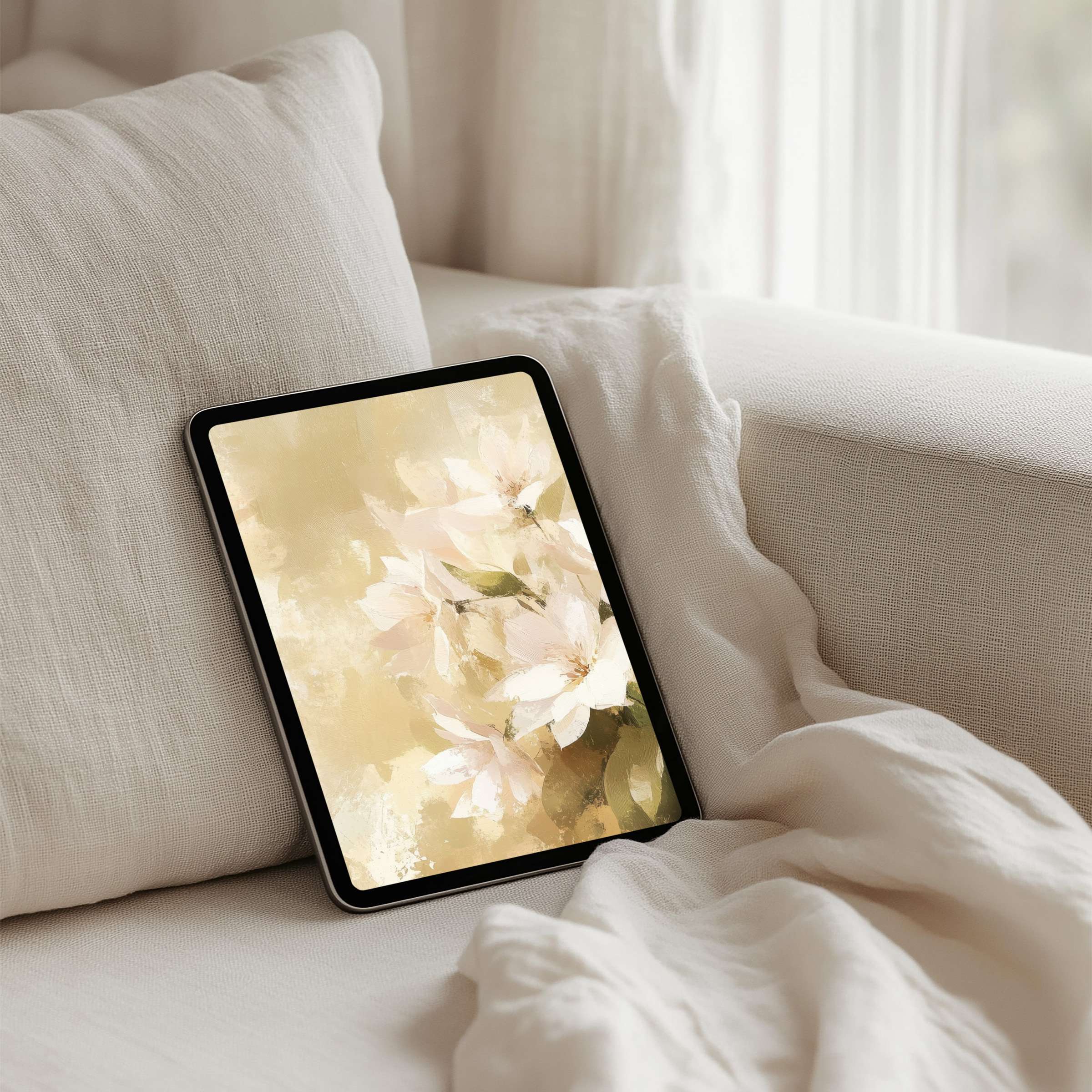 Elegant floral iPad background for instant download enhances calm and mindfulness on your tablet in any serene, stylish interior