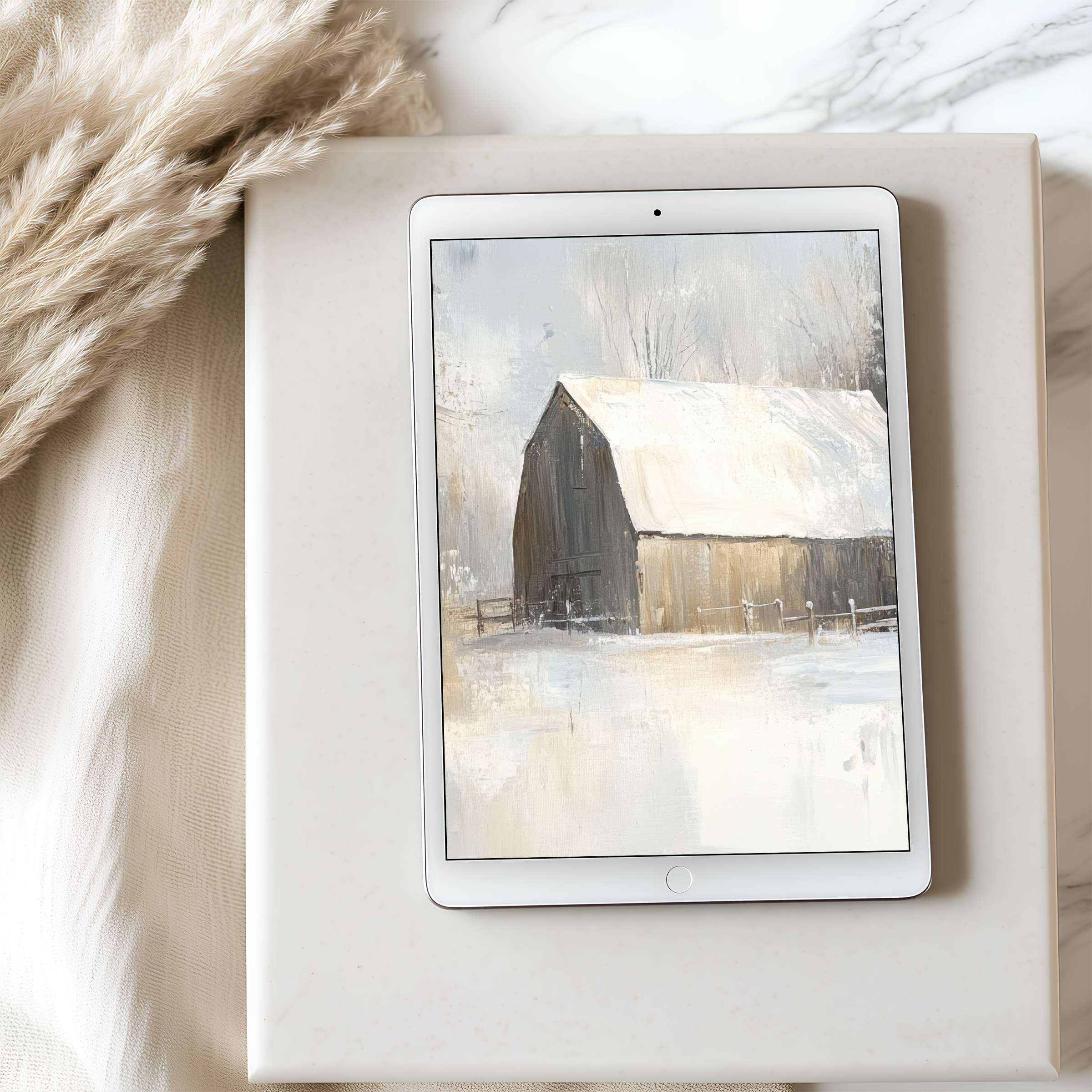 Tablet wallpaper showcasing serene barn art in soft grays and whites, ideal for iPad or Android use, digital download for calm elegance