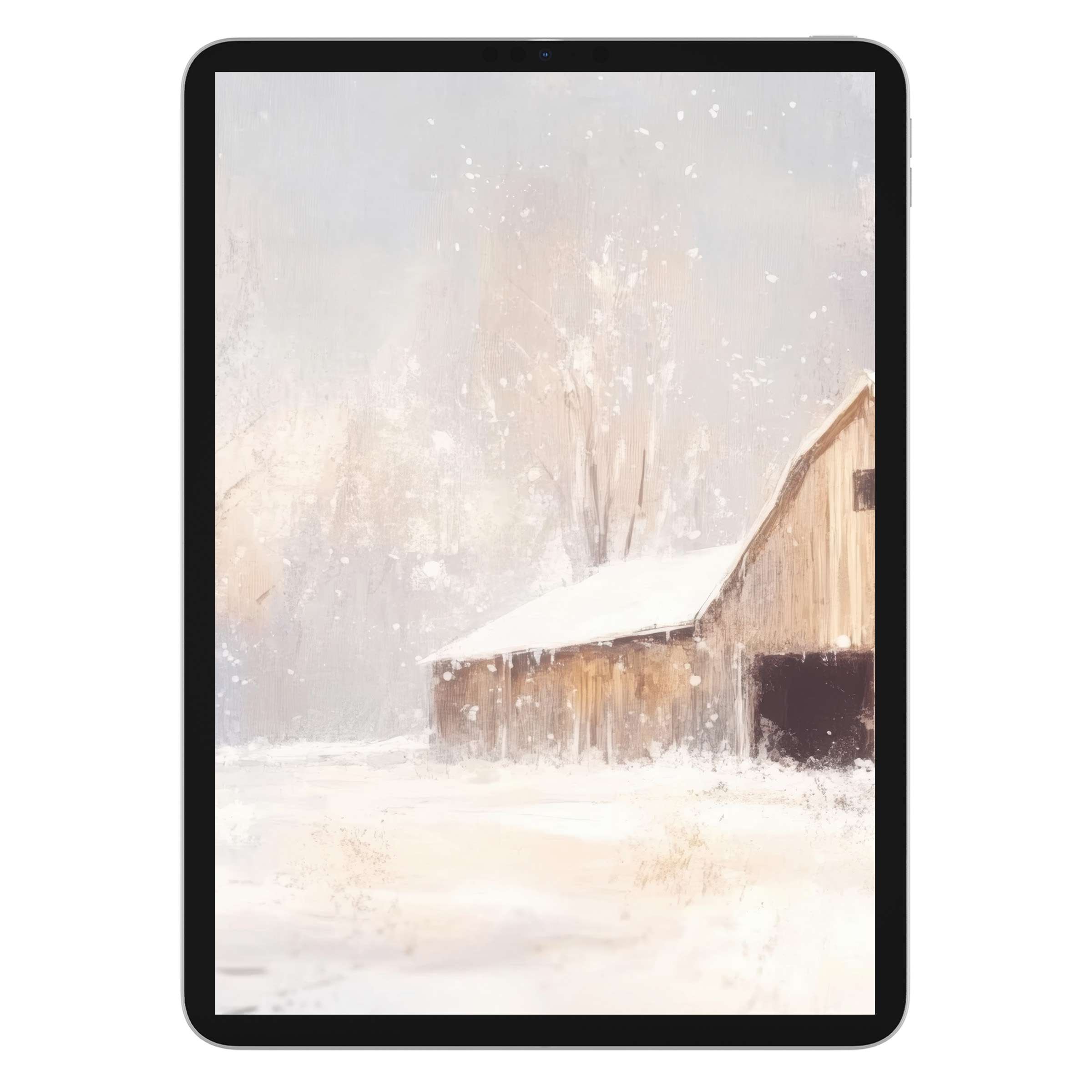 Farmhouse iPad wallpaper in serene snowy landscape digital download, offering rustic charm for tablet background art lovers