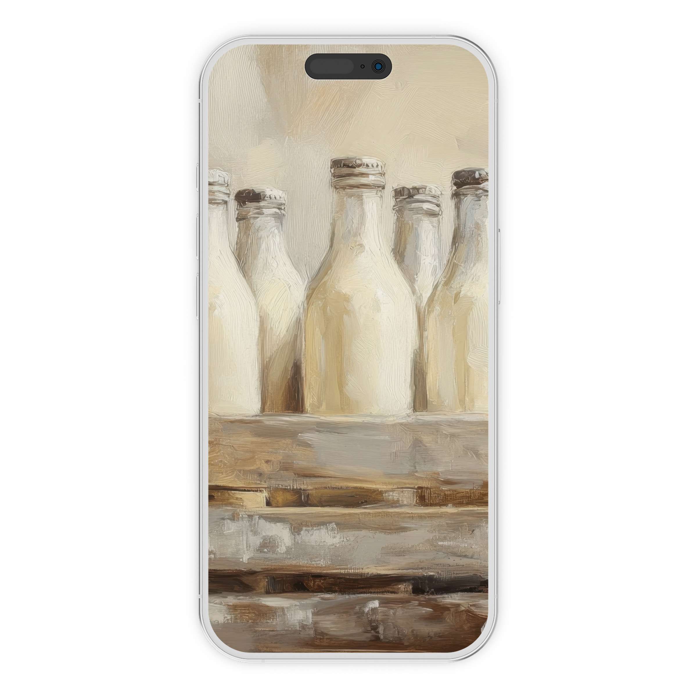 Farmhouse iPhone wallpaper featuring rustic milk bottles on a wooden shelf, perfect digital download for a serene phone background