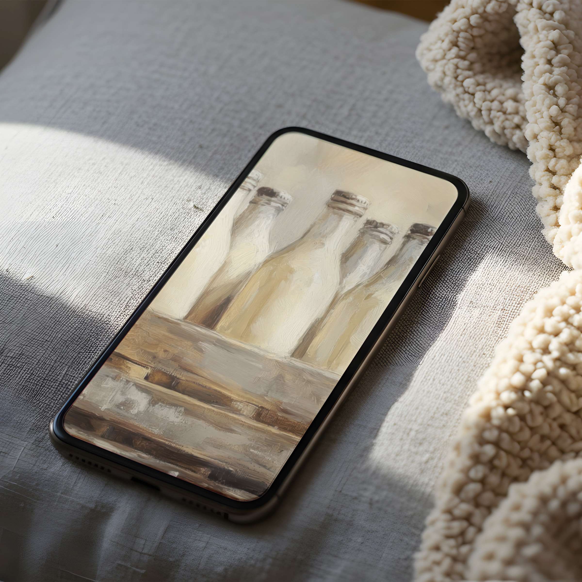 Elegant phone wallpaper showcasing serene bottles in soft beige tones, perfect high-resolution digital download for iPhone and Android users