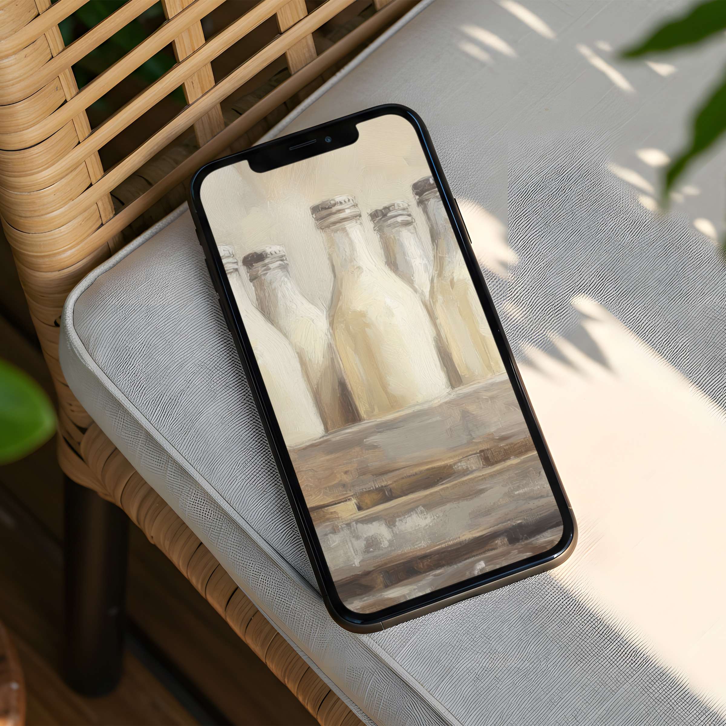 Calm and elegant iPhone background featuring soft pastel bottles, inviting instant download for any phone to inspire mindfulness