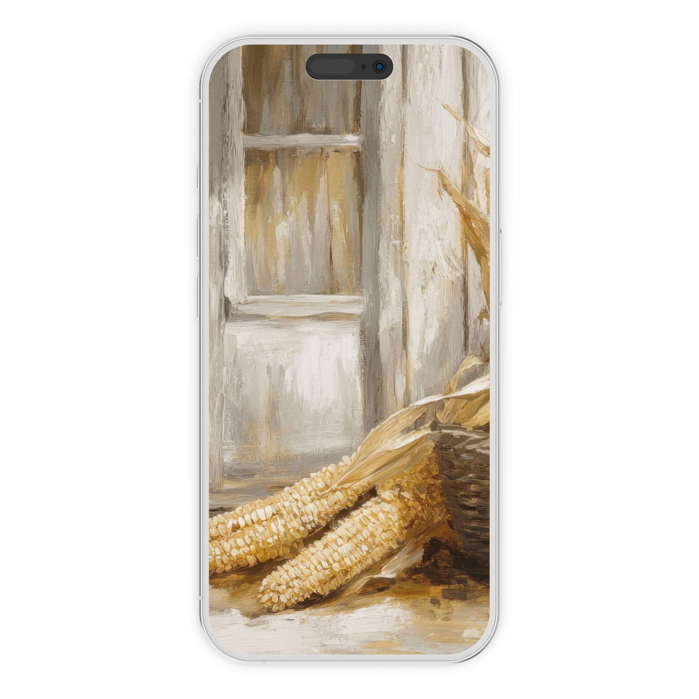 Farmhouse iPhone wallpaper offers a serene digital download with rustic corn by a weathered door, enhancing any phone background