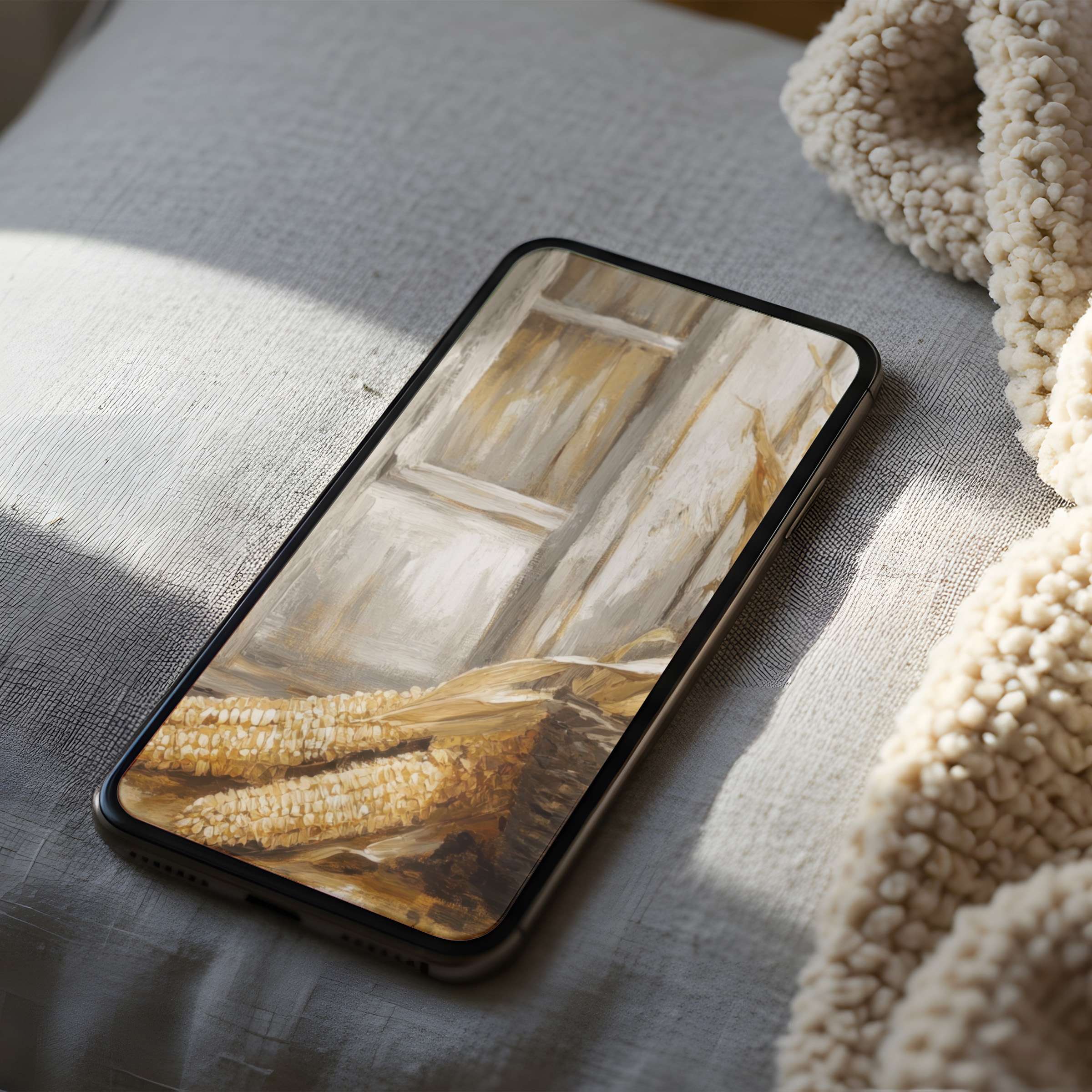 Elegant phone wallpaper features warm earthy tones, rustic corn motif, ideal for iPhone, android high resolution digital download