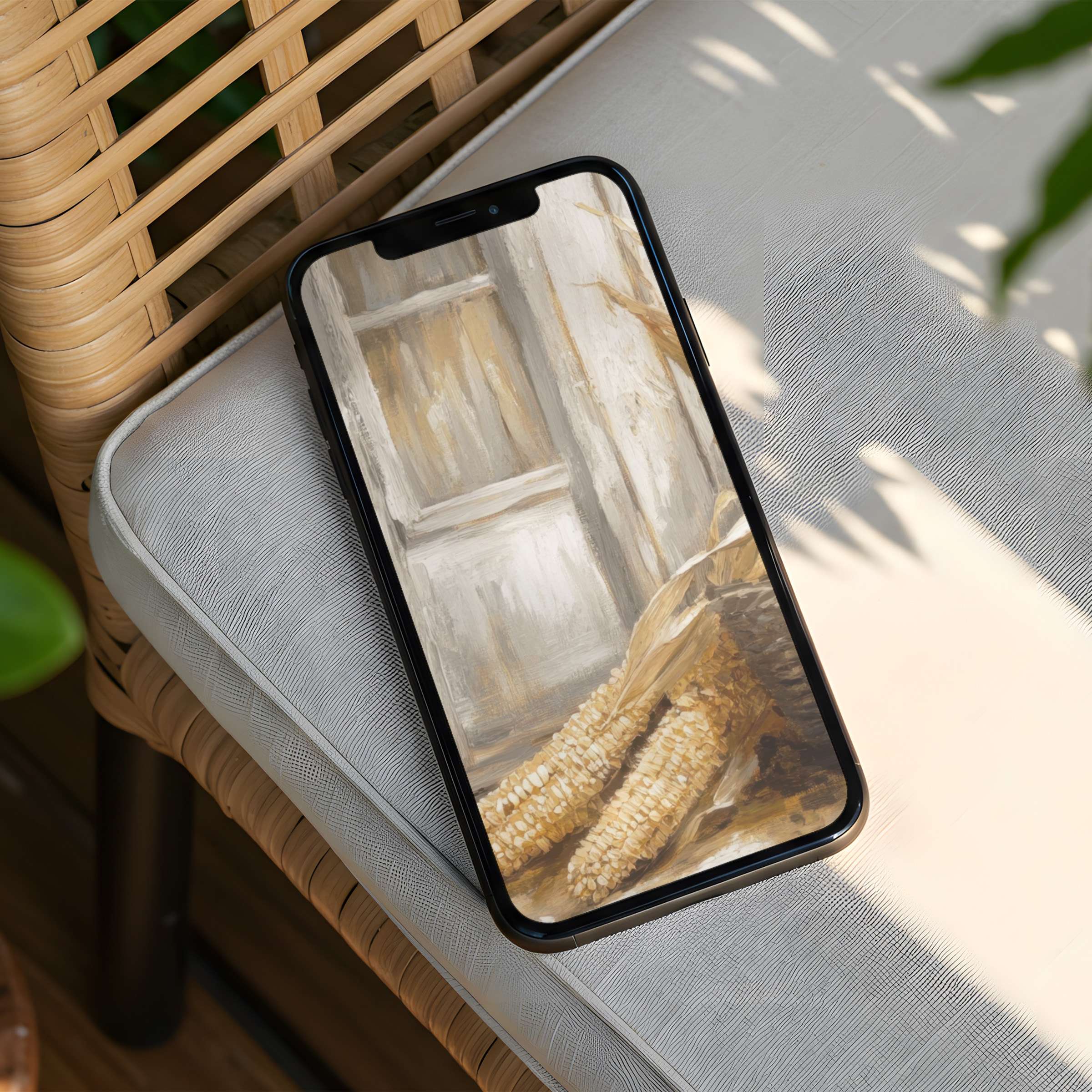 Elegant digital painting of rustic corn on an iPhone background evokes calm and mindfulness instant download for any phone