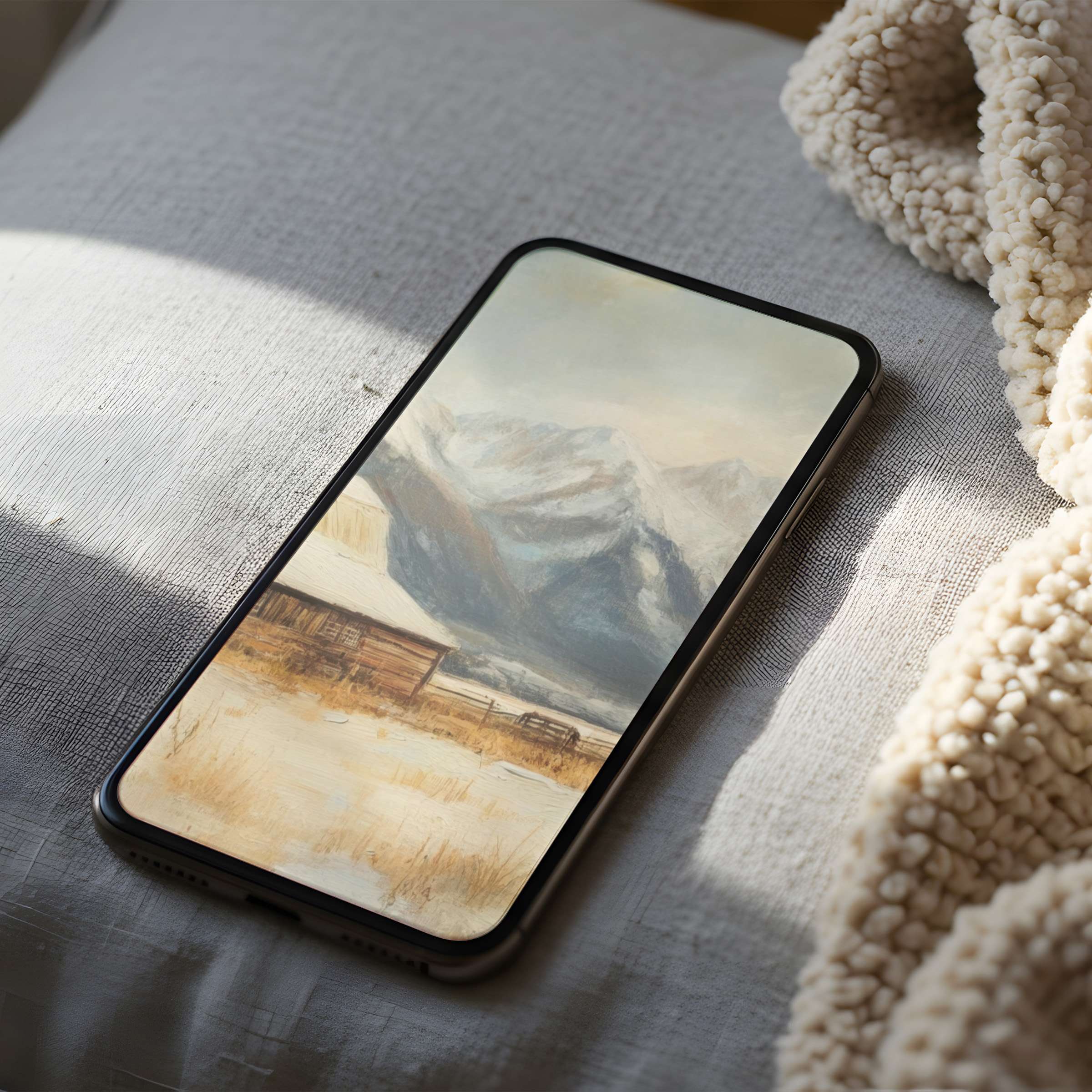 Tranquil mountain scene phone wallpaper in soft hues inspires calm elegance, suitable for high-resolution iPhone and Android download