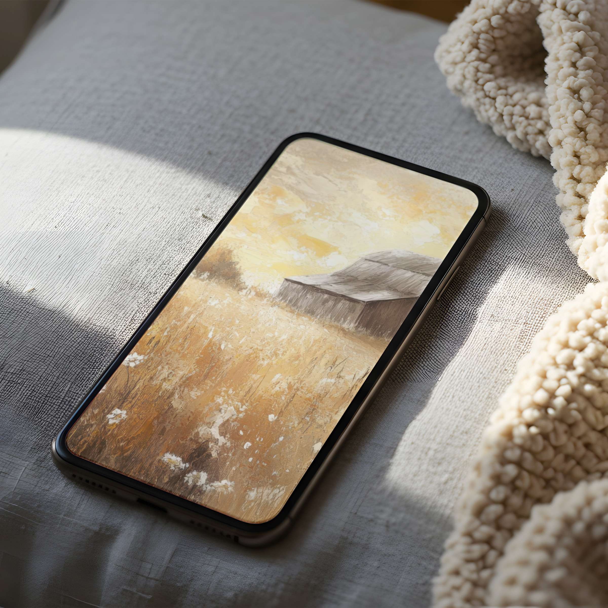 Tranquil phone wallpaper showcasing a rustic barn in golden fields perfect for iPhone downloads to inspire calm and elegance