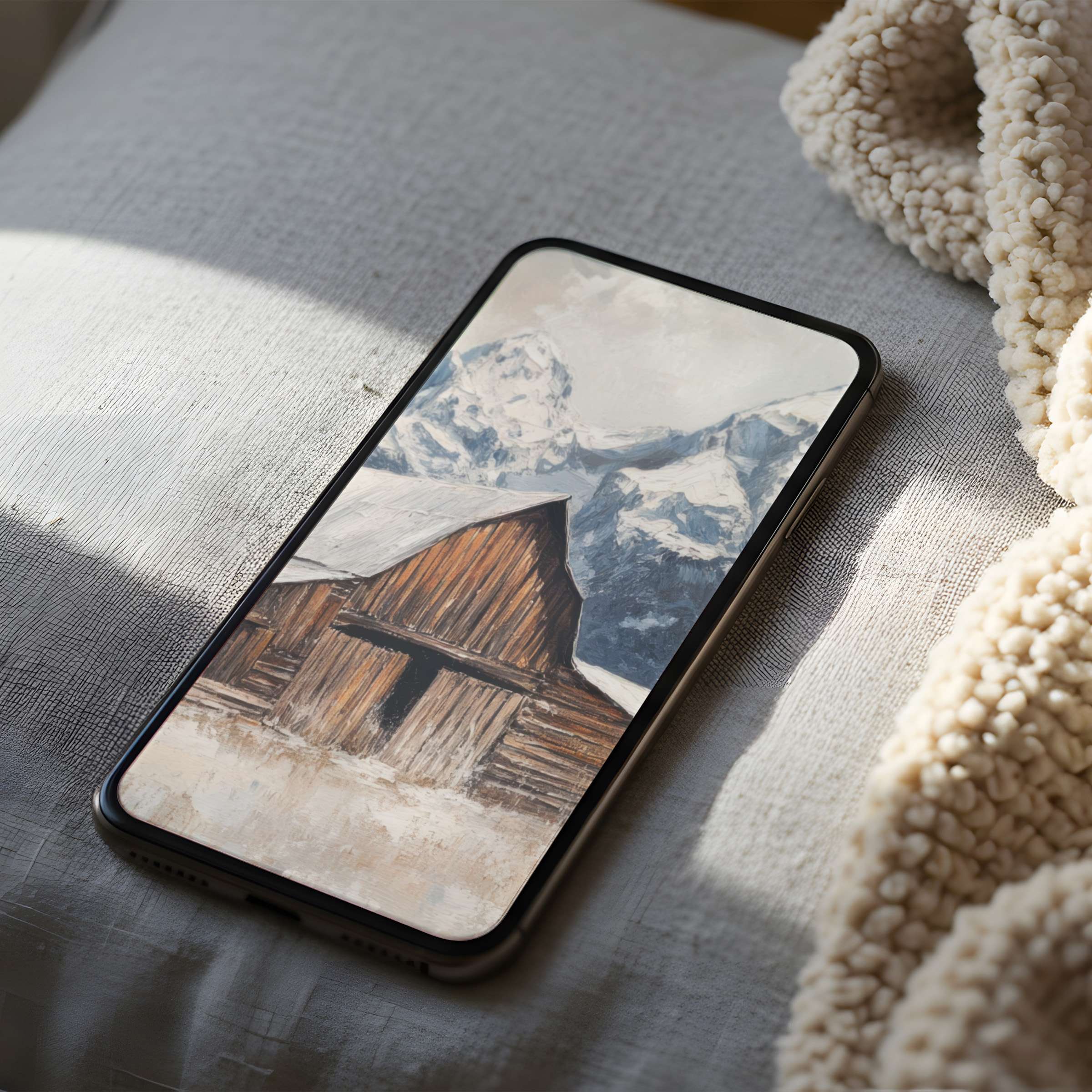 Serene phone wallpaper of a rustic cabin against majestic snowy mountains offers high-resolution beauty for iPhone or Android users seeking tranquility