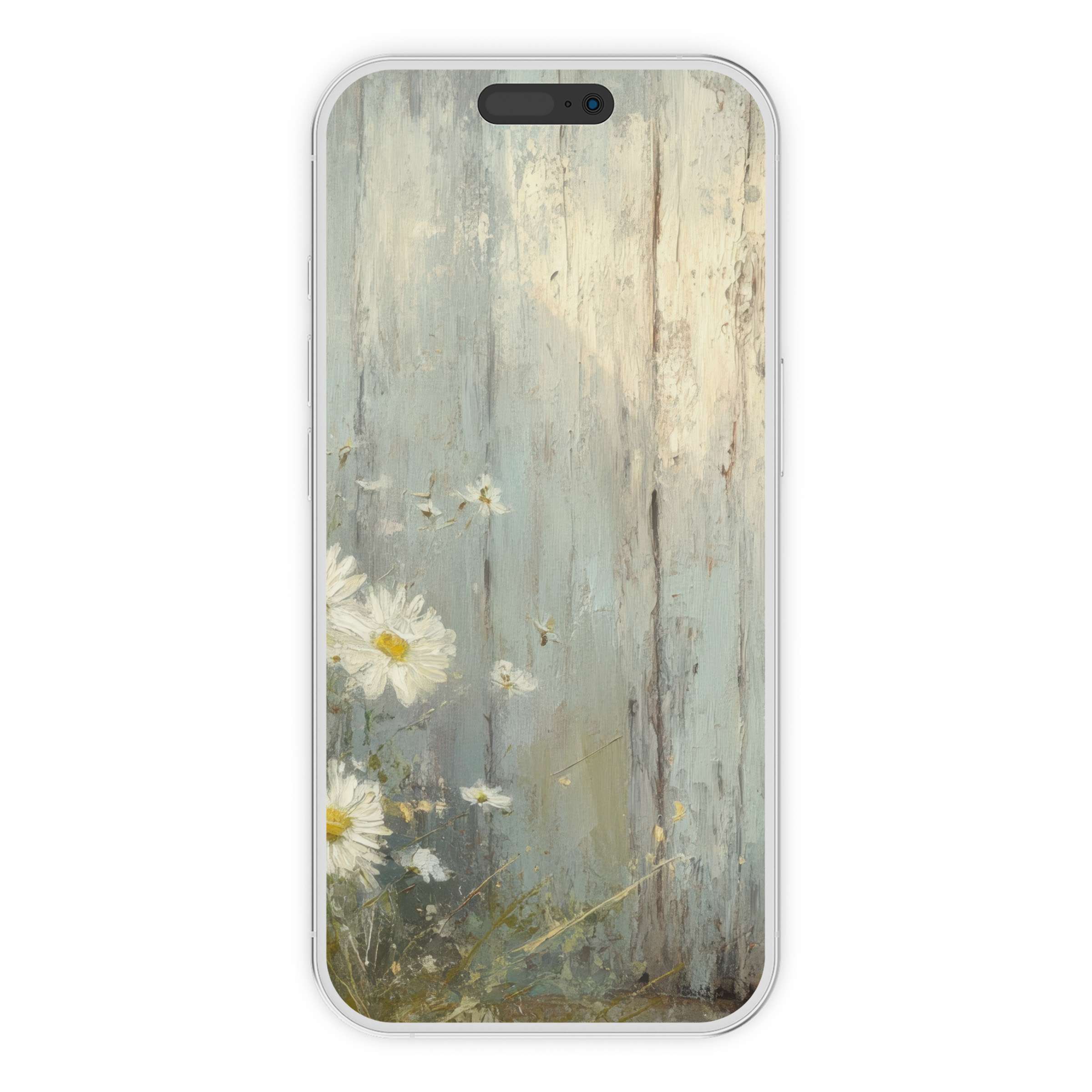 Farmhouse iPhone wallpaper with serene daisies against a rustic wood background offers an elegant digital download for phone screens