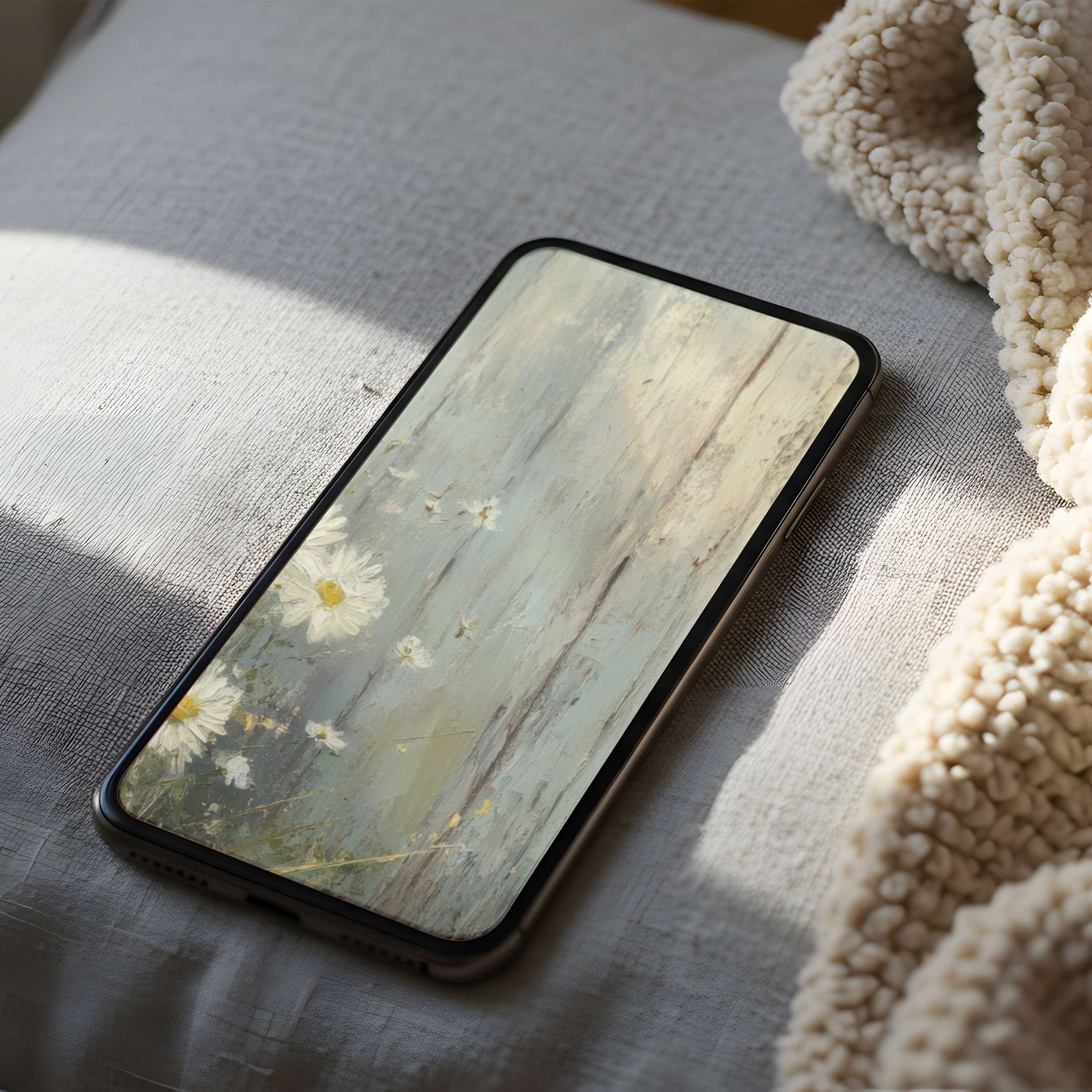 Elegant phone wallpaper featuring serene daisies on rustic wood texture offers calm aesthetics for iPhone and android digital download