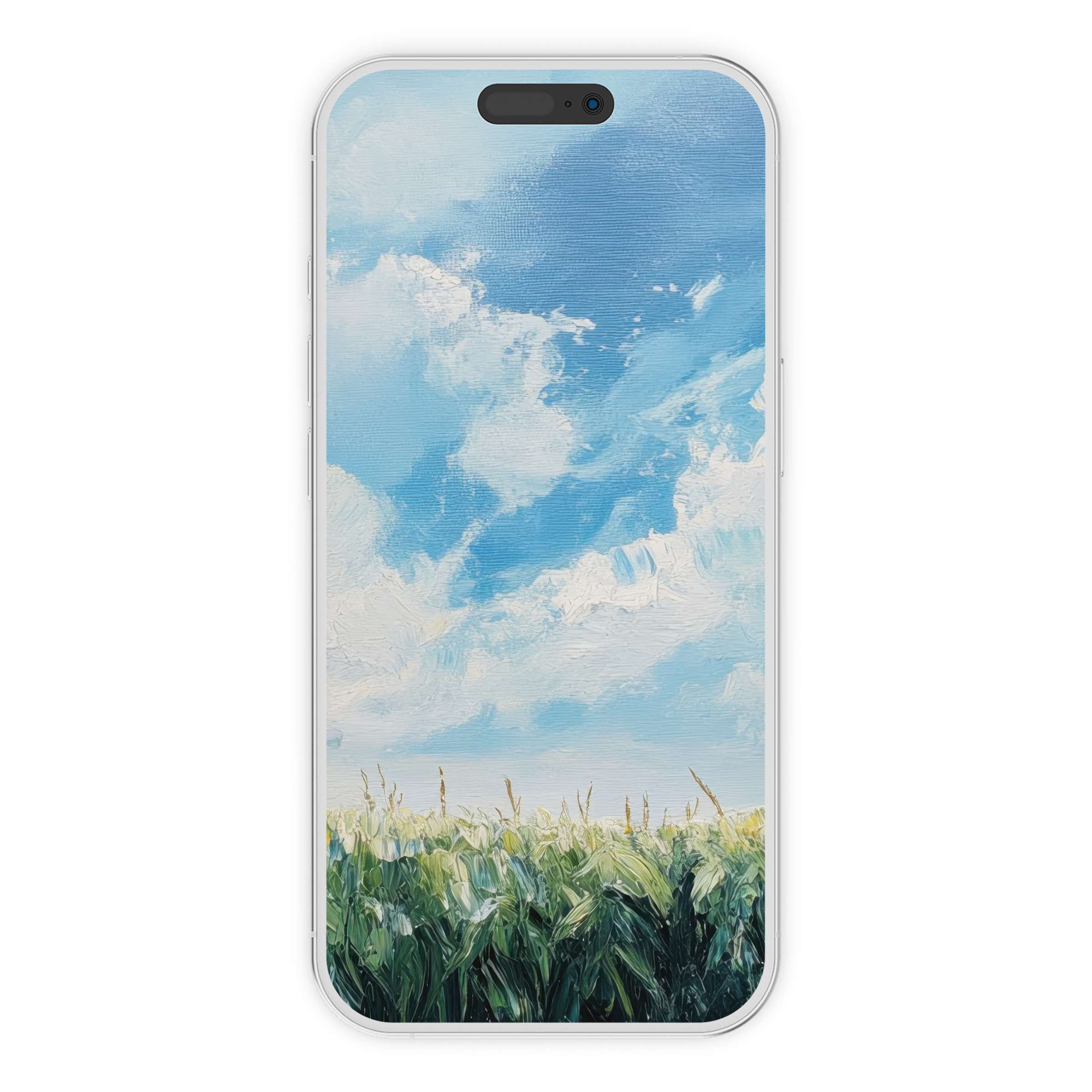 Serene farmhouse iPhone wallpaper featuring lush green fields and blue skies offers a digital download for calming phone background