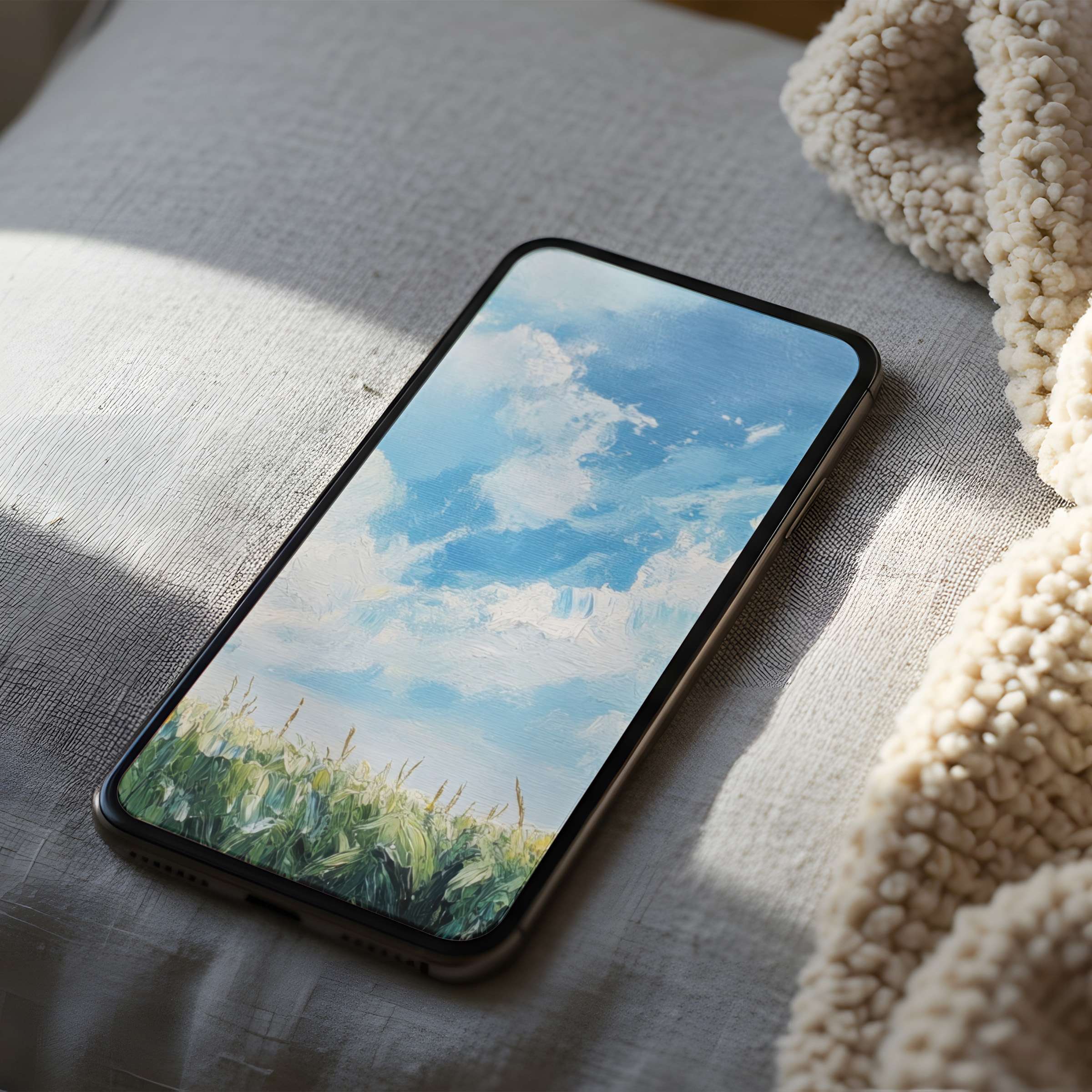 Serene phone wallpaper featuring a high resolution landscape of blue skies and green fields ideal for iPhone and Android devices
