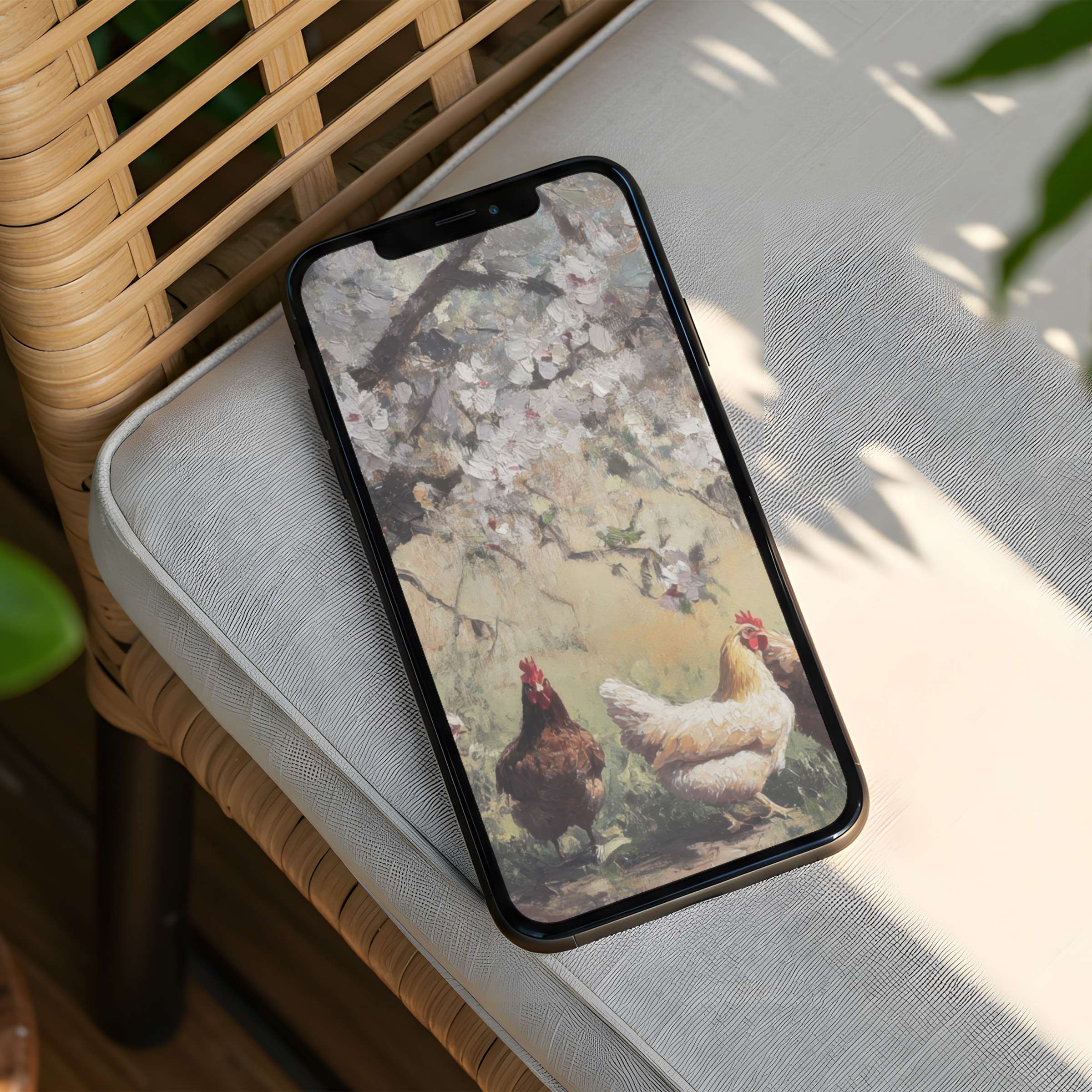 Elegant iPhone background of serene chickens under blossoms for instant download fits phone screens inspiring calm and mindfulness