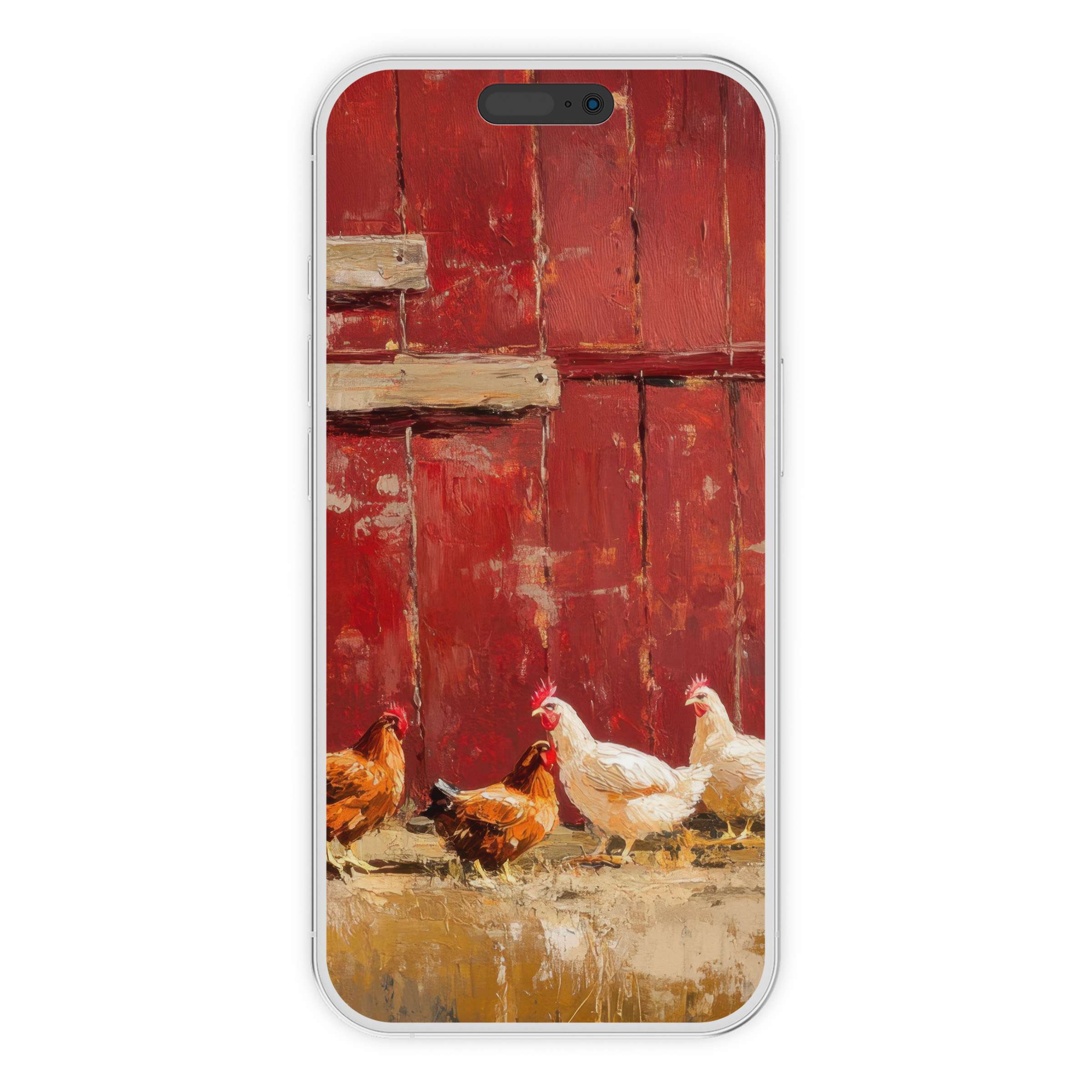 Farmhouse iPhone wallpaper featuring rustic chickens against a vibrant red barn evokes warmth and simplicity for your phone background digital download