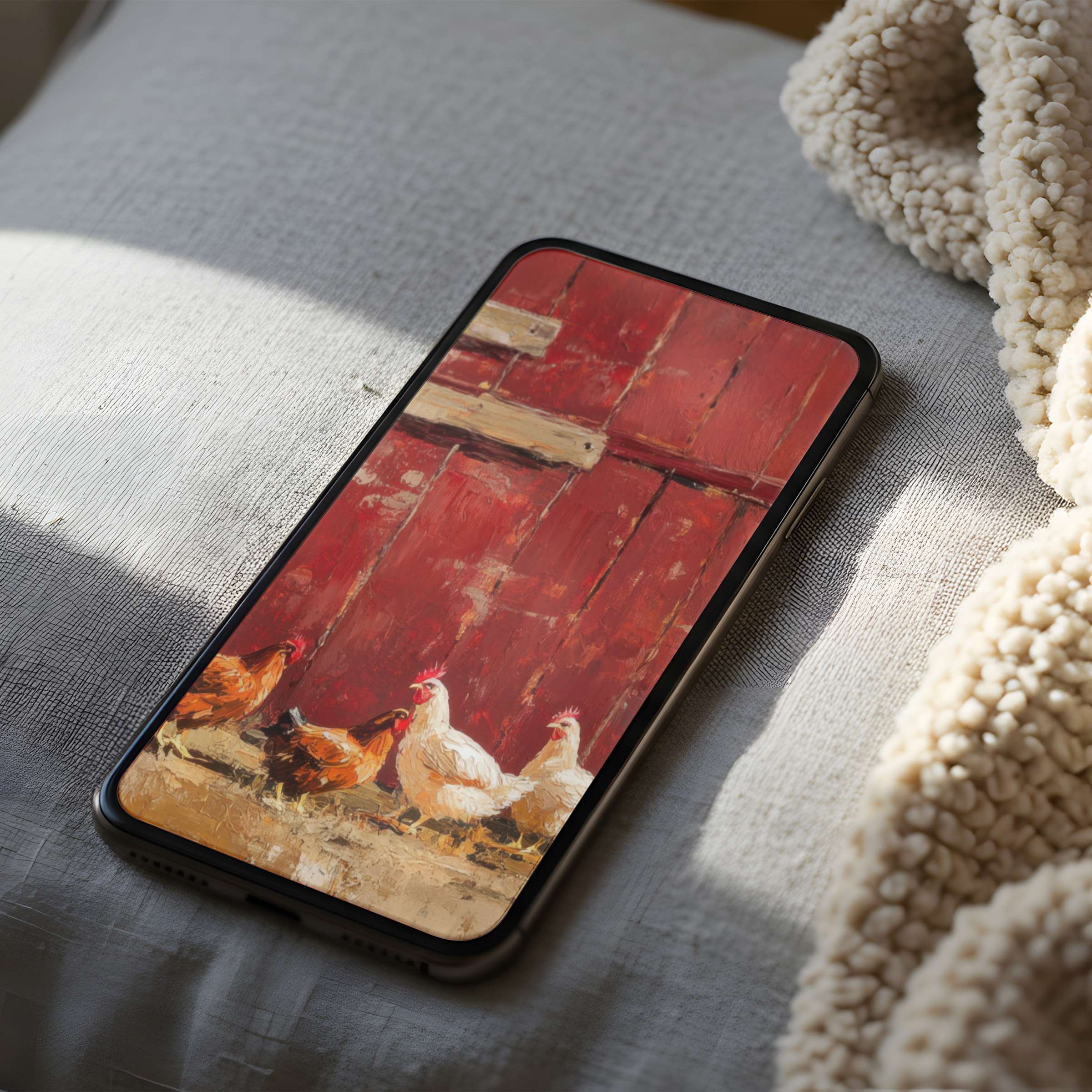 "Phone wallpaper featuring rustic red barn and hens motif, offering a calming aesthetic for iPhone and Android high resolution download"