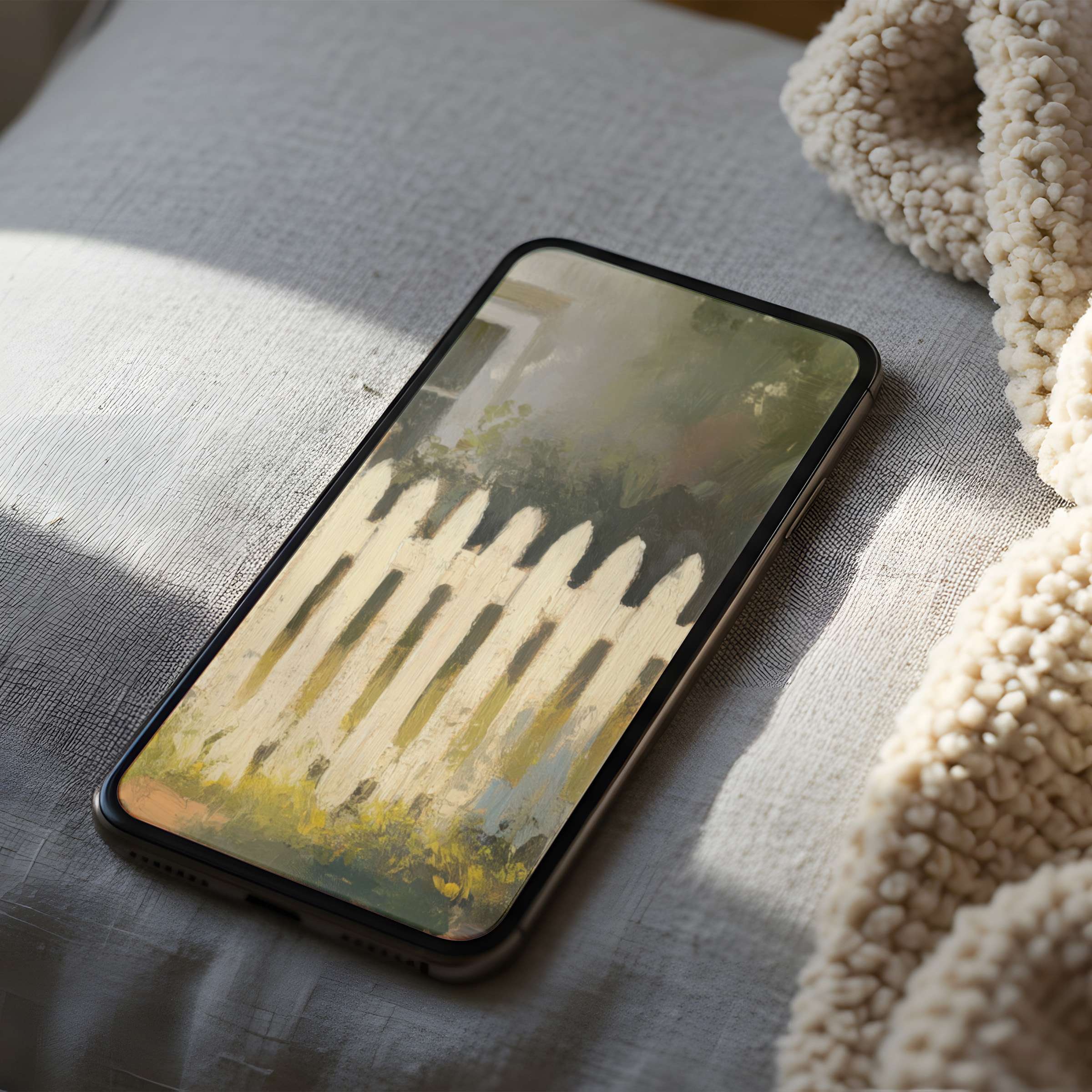 Elegant phone wallpaper featuring a serene white picket fence in soft pastels curated for iPhone and android users as a digital download