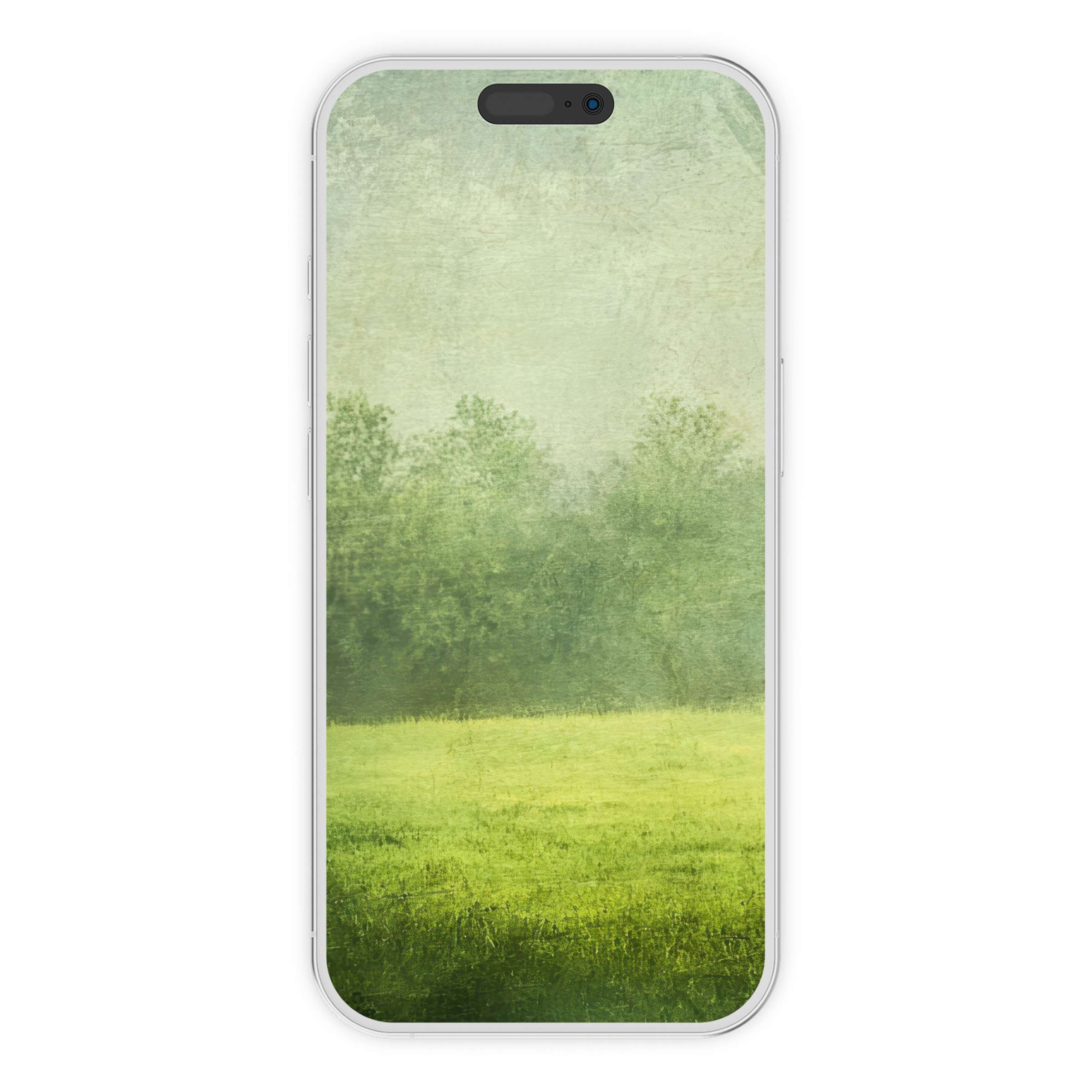 Farmhouse iPhone wallpaper digital download featuring serene green fields and textured trees offers a soothing phone background for iOS or Android
