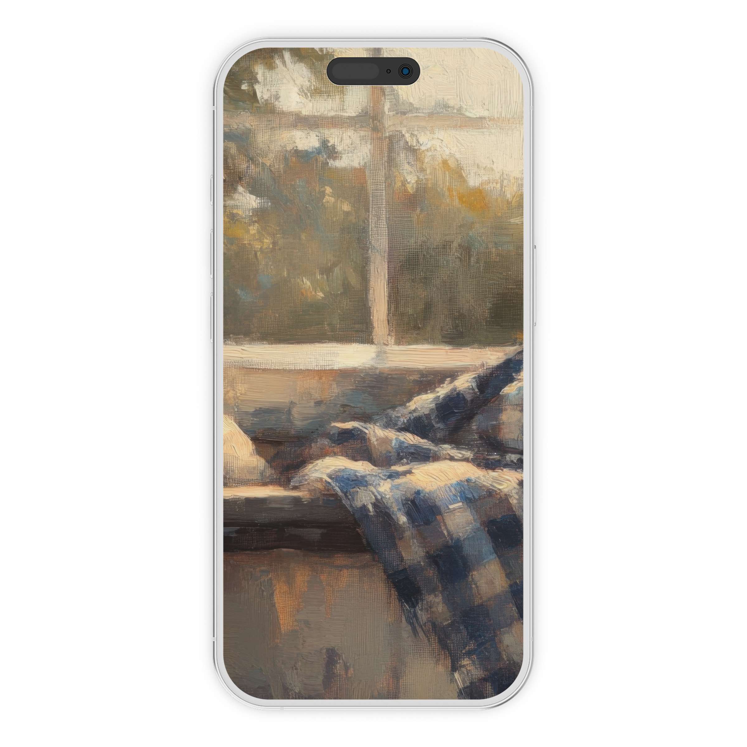 Calm rustic charm meets modern tech in this farmhouse iPhone wallpaper featuring a cozy plaid, ideal phone background digital download