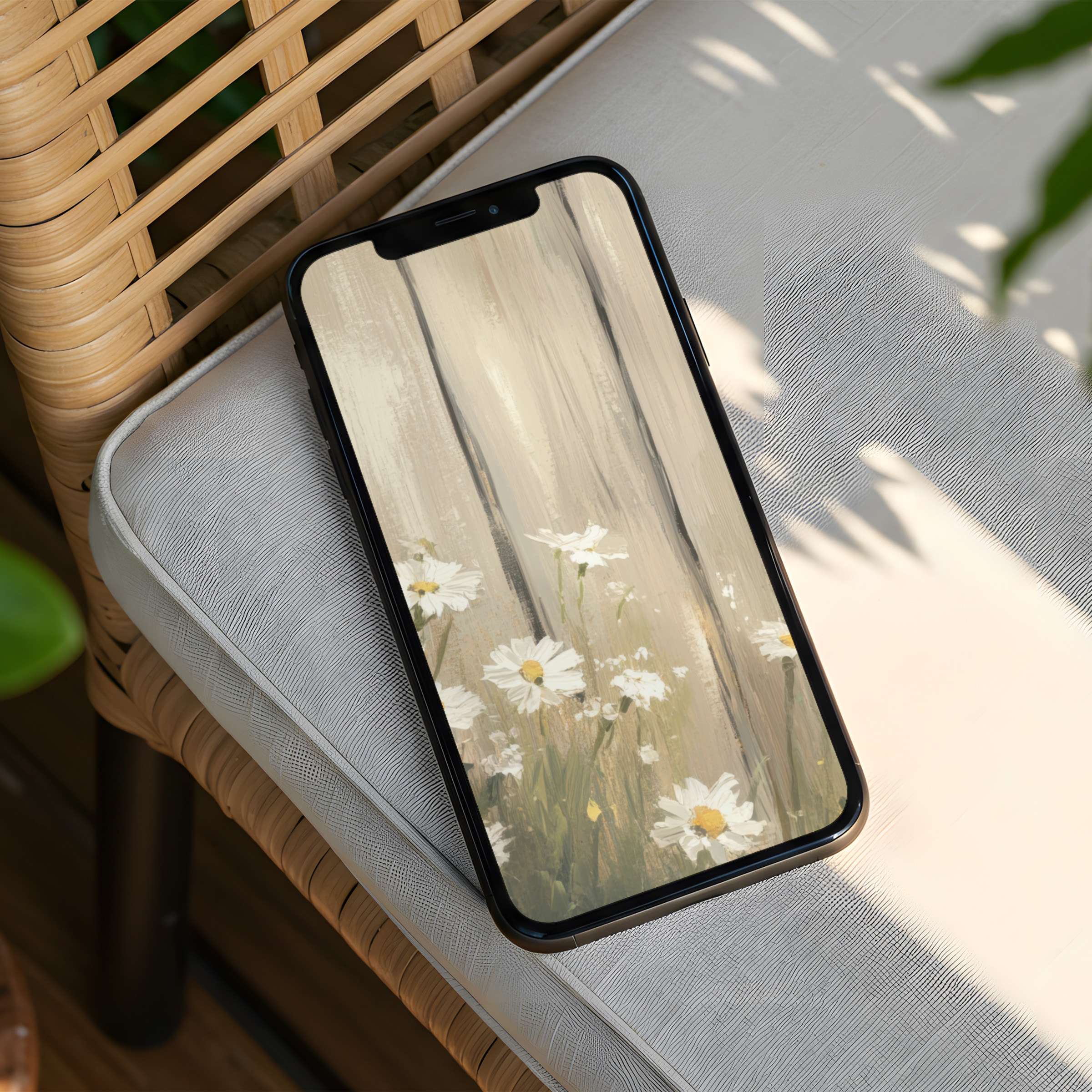 Elegant iPhone background featuring serene daisies on soft wood texture for instant download to inspire calm on any phone