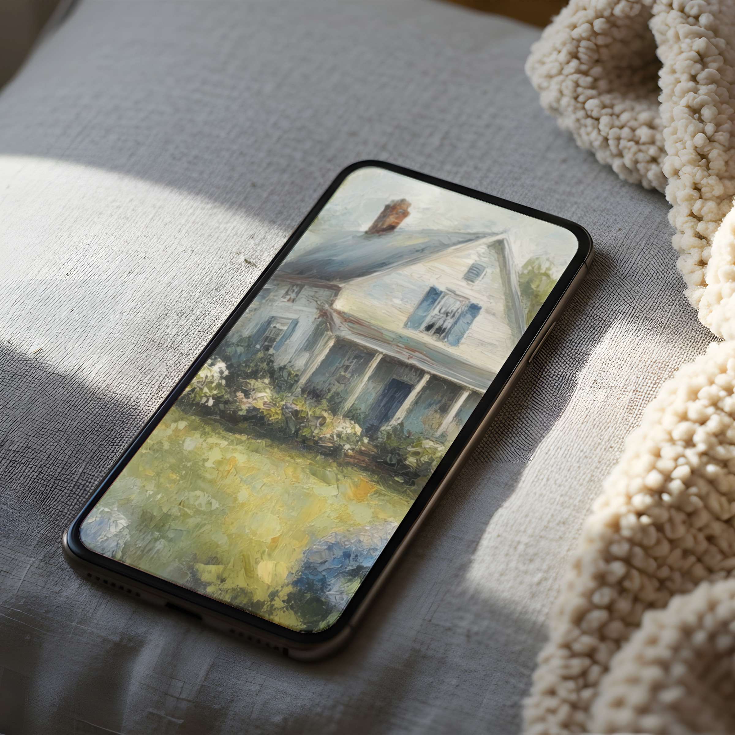 Elegant phone wallpaper featuring a serene cottage landscape in soft pastels, perfect for iPhone and Android digital download