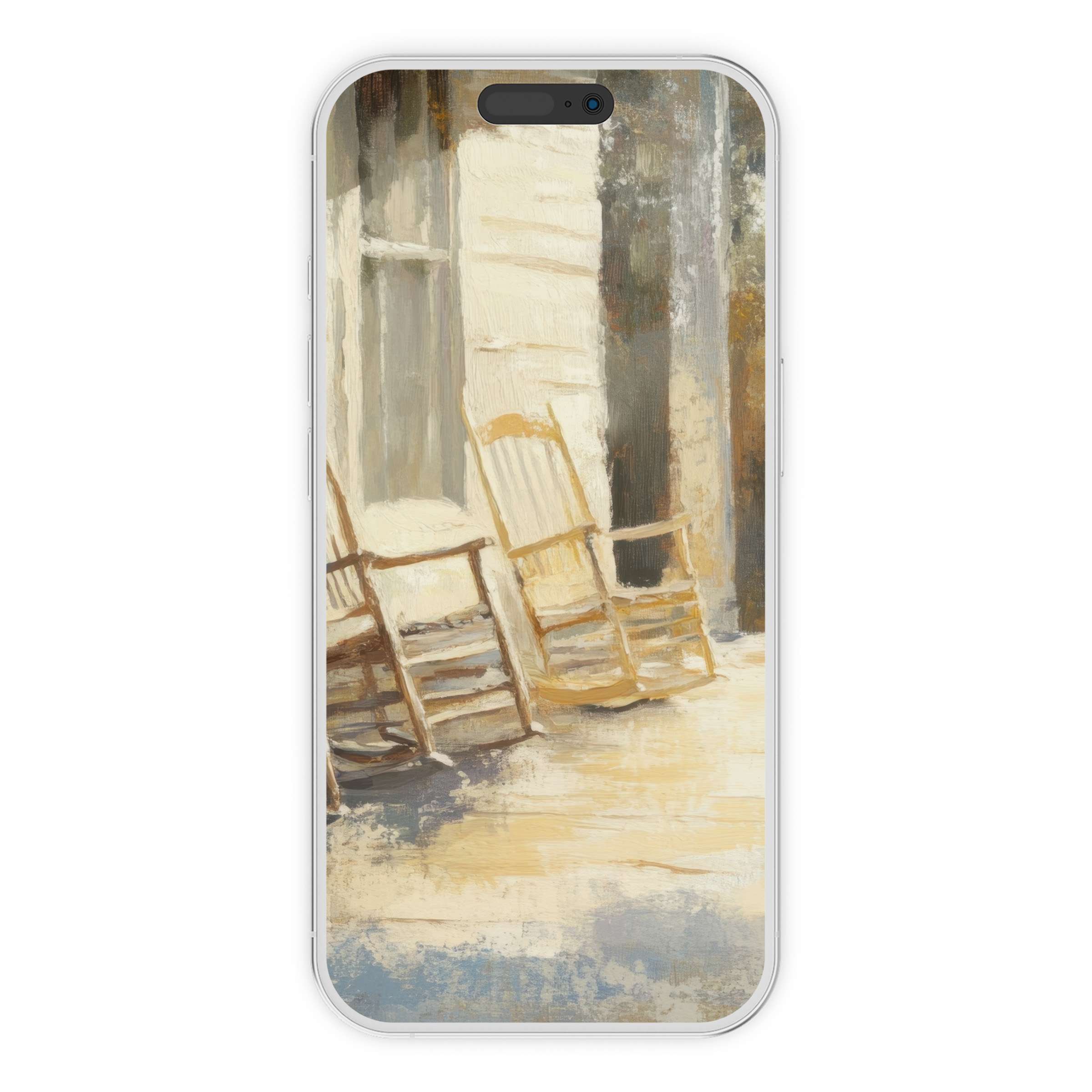Farmhouse iPhone wallpaper featuring rustic rocking chairs in soft, warm tones for a serene digital download phone background