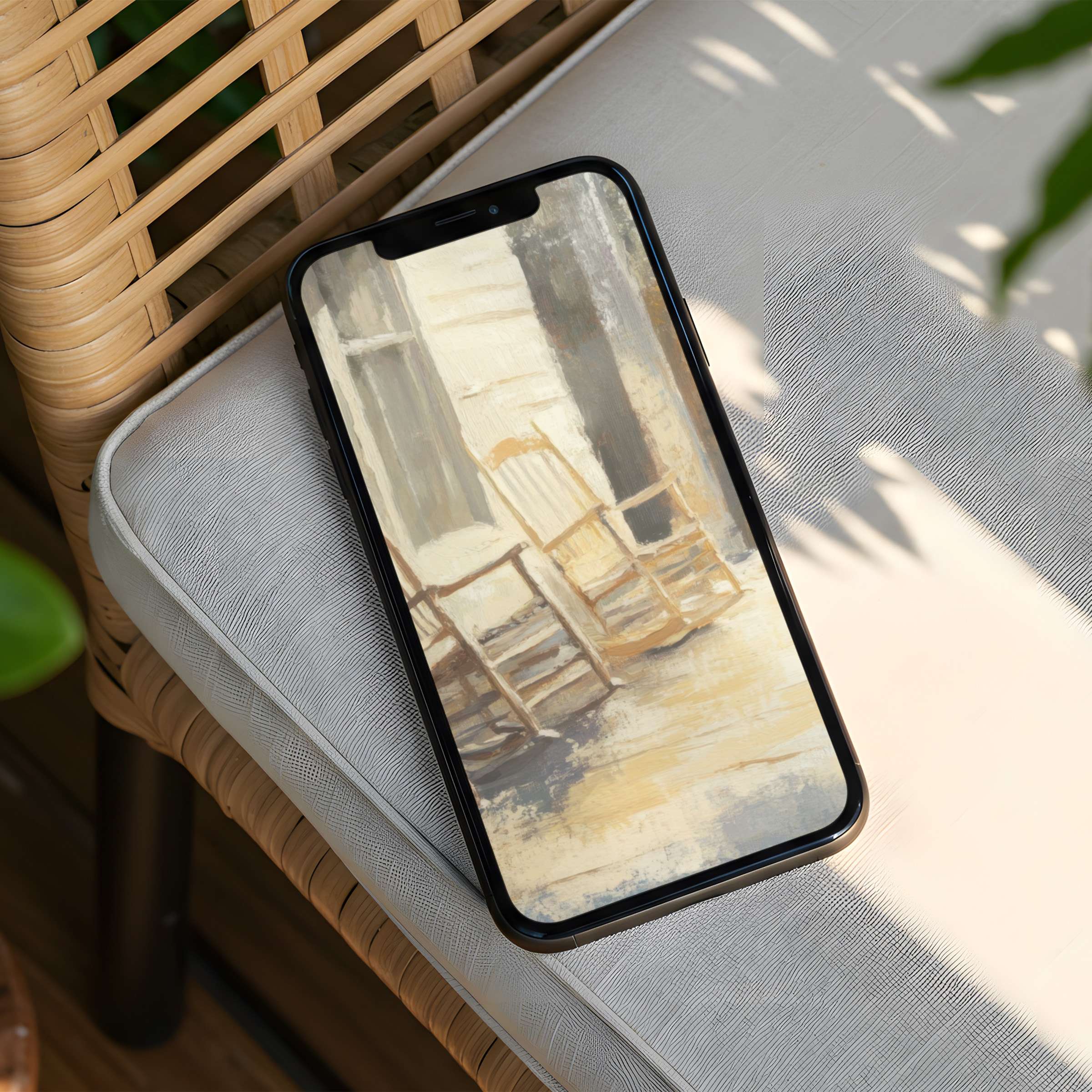 Soothing iPhone background art featuring rustic rocking chairs in warm tones for instant download on your phone to inspire calm