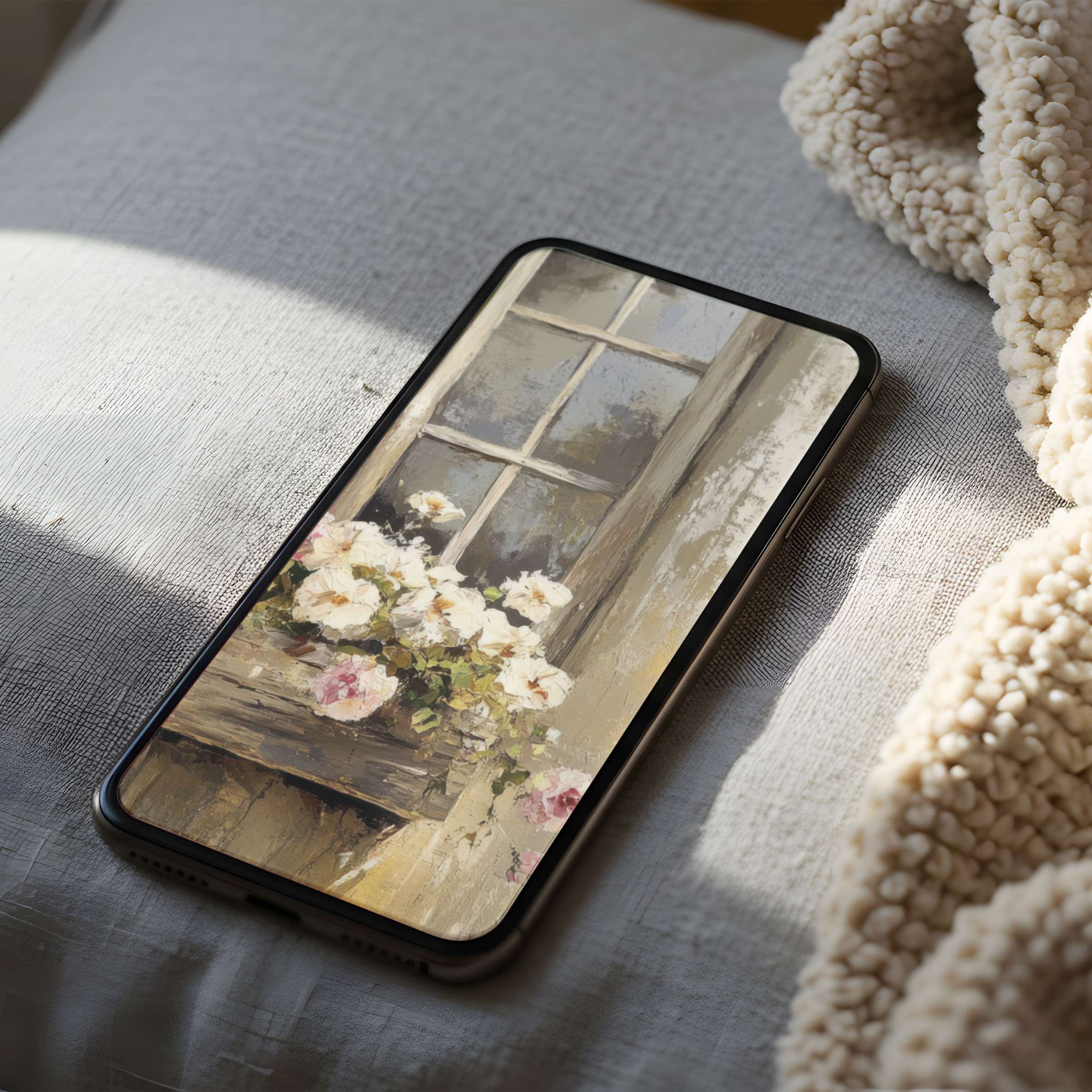 Elegant phone wallpaper featuring soft pastel flowers by a rustic window in high resolution for iPhone and android digital serenity download