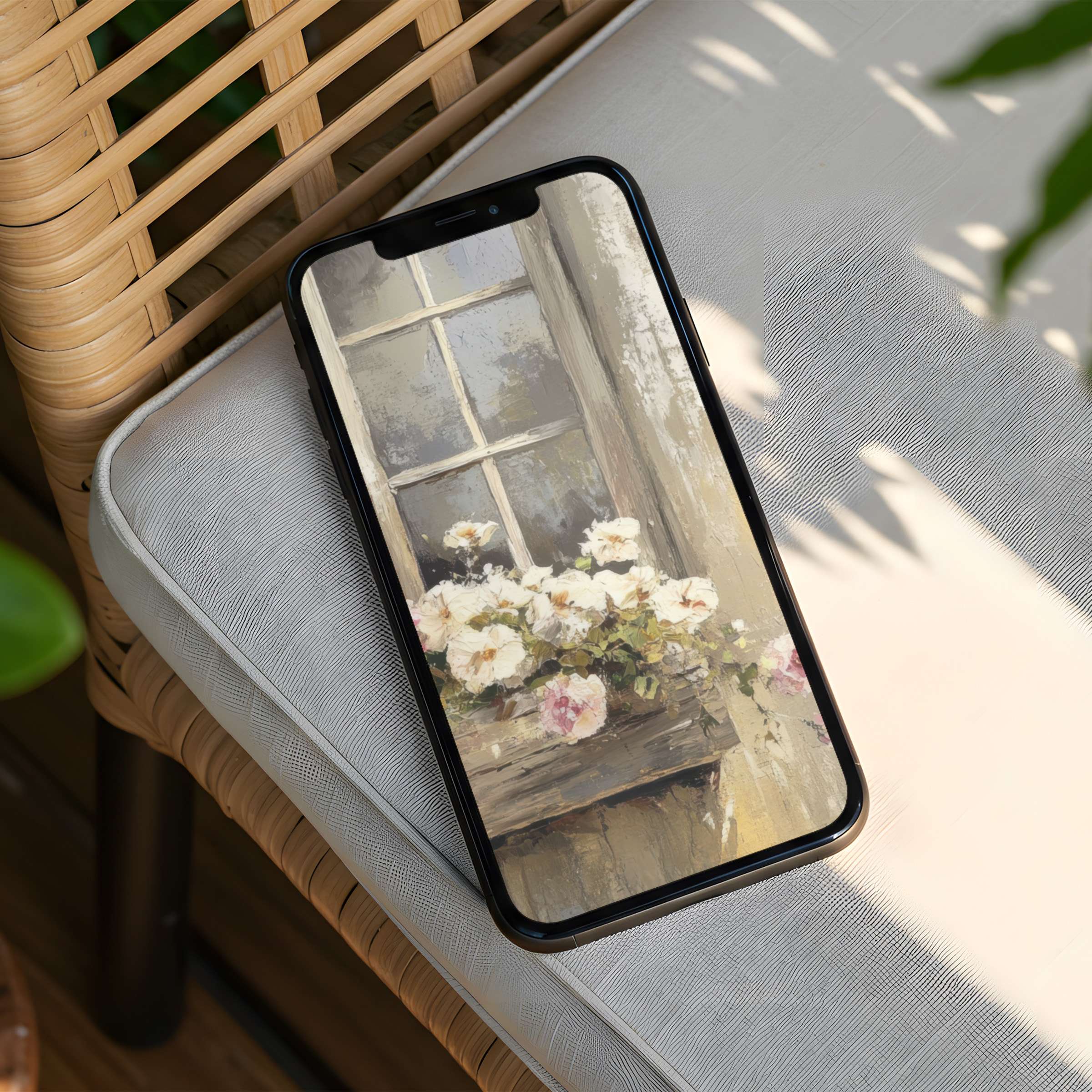 Elegant iPhone background featuring a serene floral window scene harmonizing nature's beauty with digital art for instant download to your phone