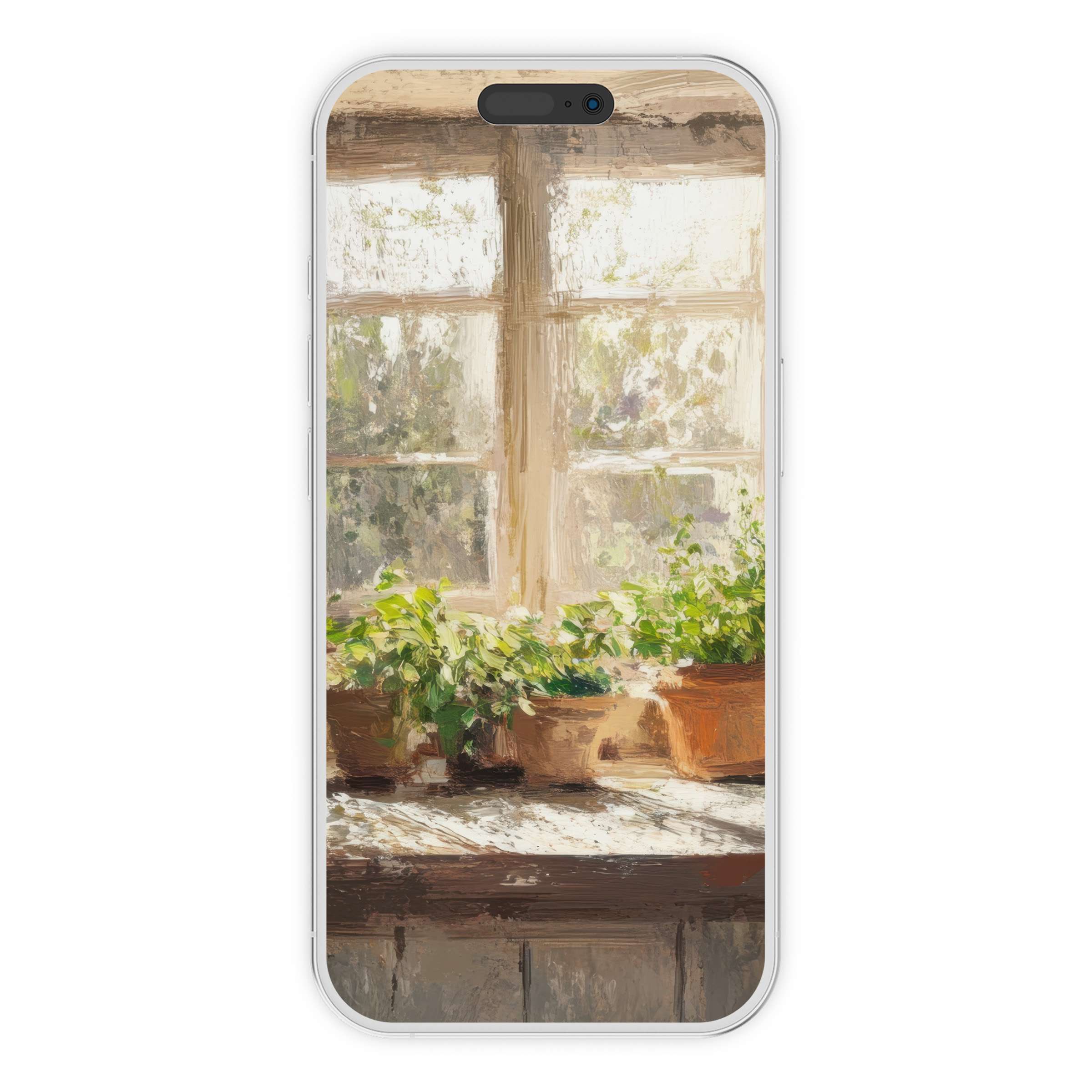 Farmhouse iPhone wallpaper features sunlit window with potted plants in impressionist style digital download for serene phone background