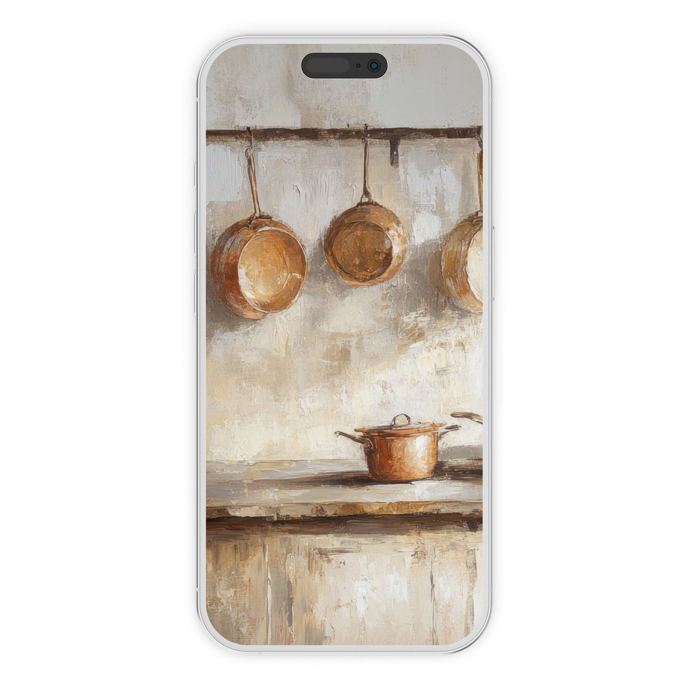 Warm and serene farmhouse iPhone wallpaper featuring rustic copper pans in a cozy kitchen setting digital download for phone background