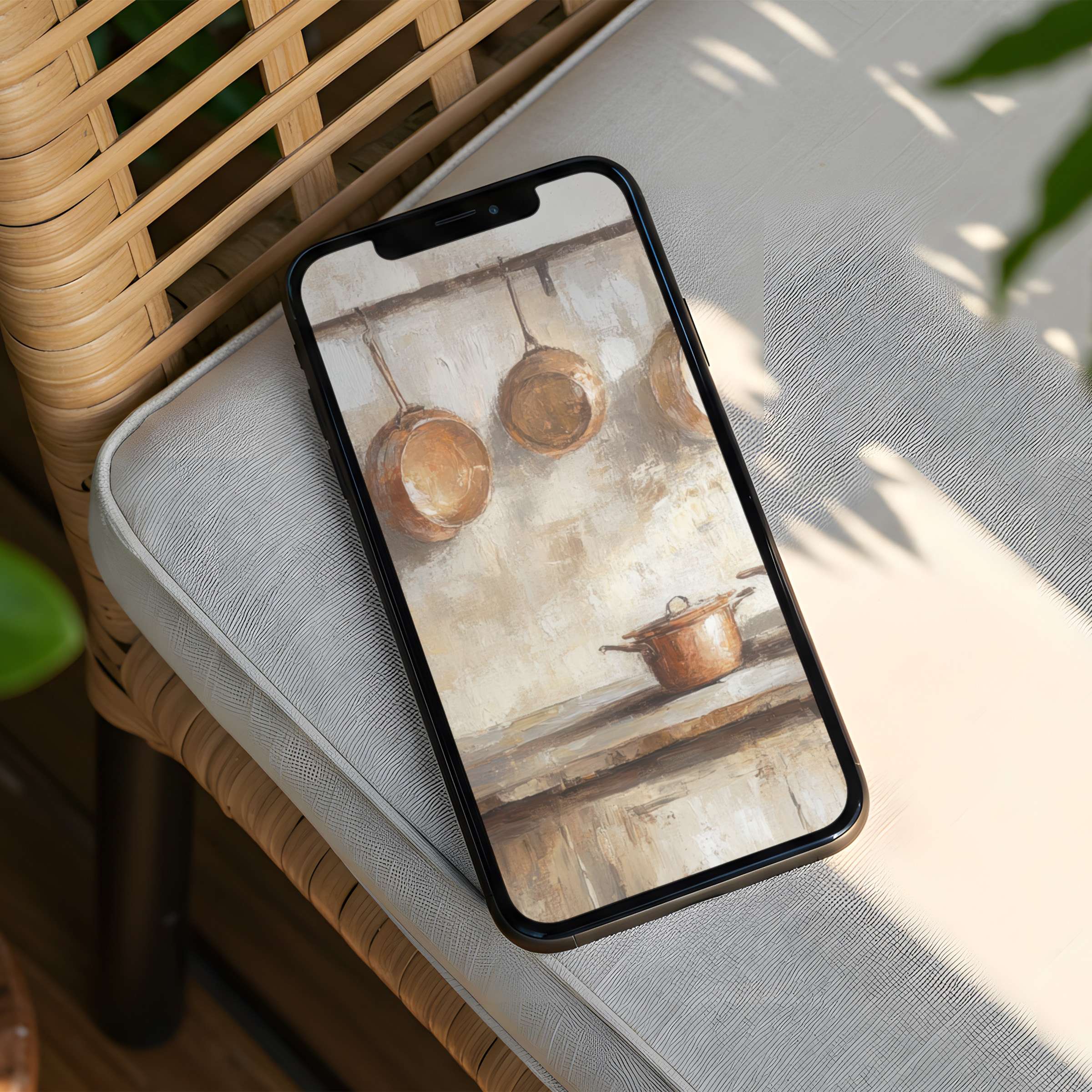 Serene iPhone background of rustic copper cookware in a cozy kitchen setting offering instant download for any phone elegance