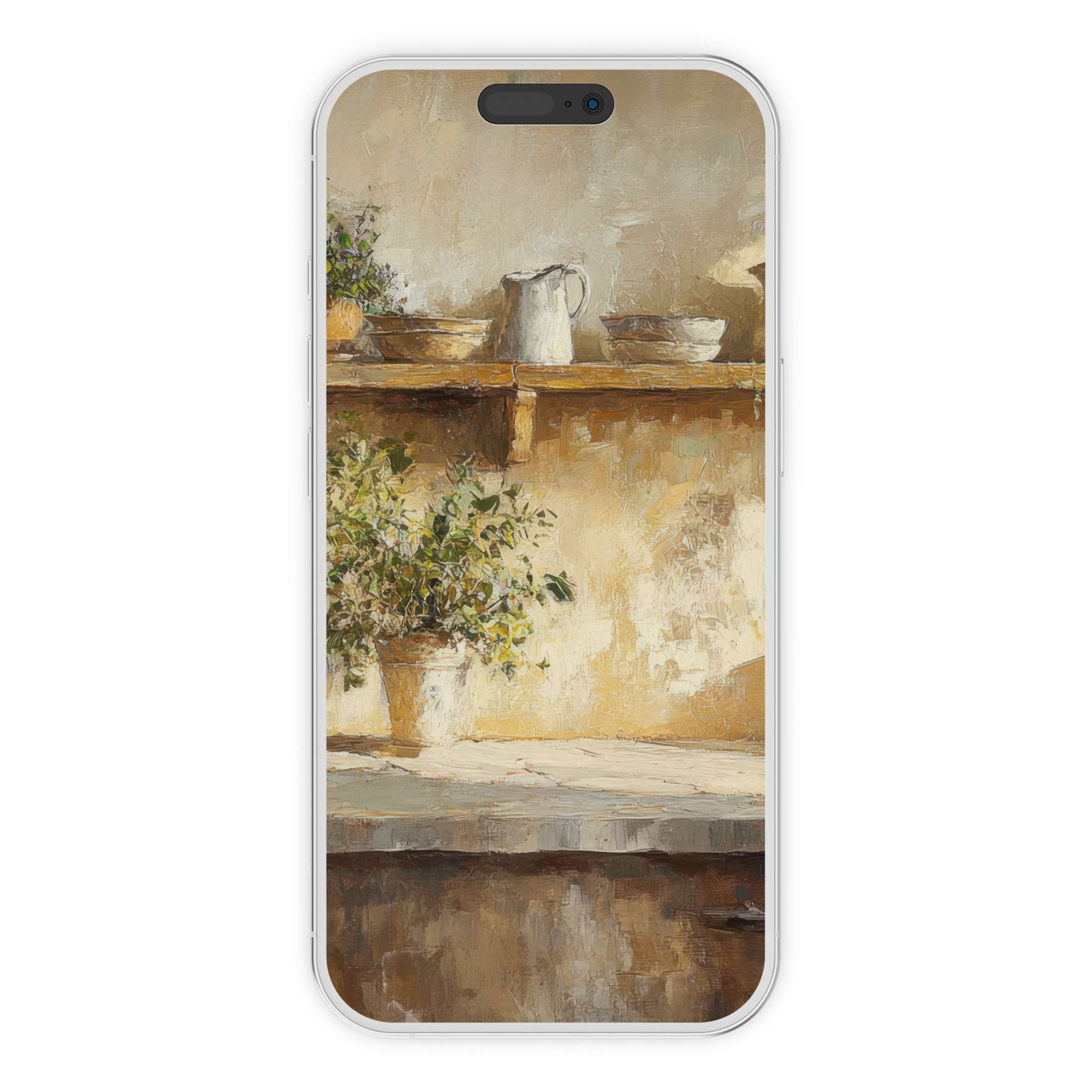 Elegant farmhouse iPhone wallpaper featuring rustic shelves and greenery evokes serene charm for phone backgrounds and digital downloads