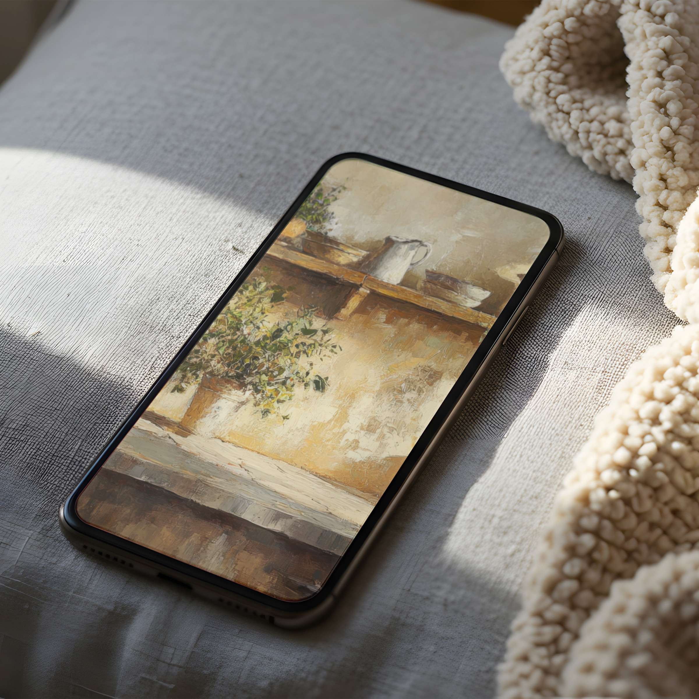 High resolution phone wallpaper featuring a serene still life painting with earthy tones, perfect for iPhone and Android digital download